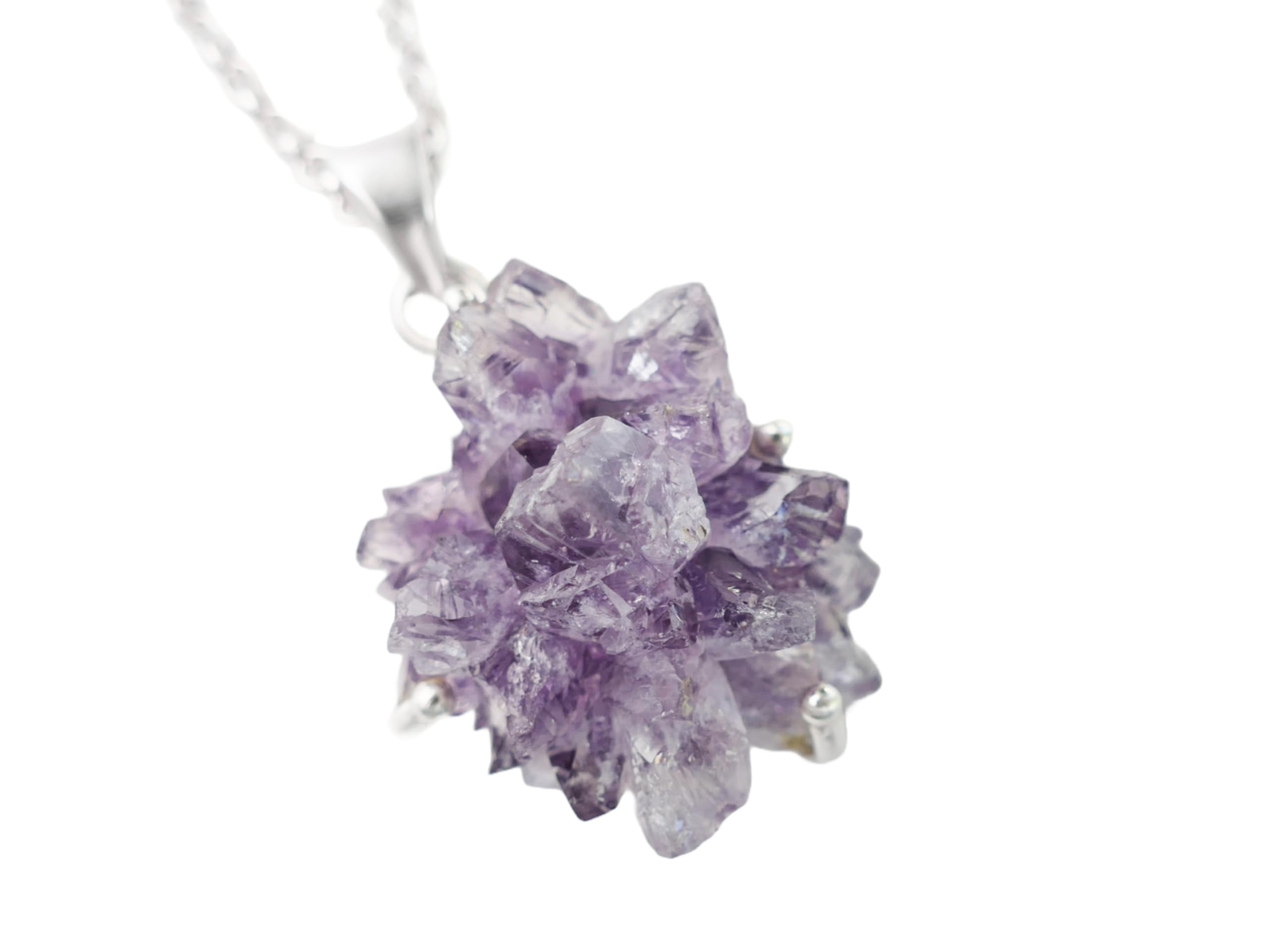 Large Amethyst Crystal Pendant Silver Necklace | Amethyst Flower Silver Jewelry | February Birthstone Gift for Women & Men | Layering Necklace for Everyday Wear & Special Occasions