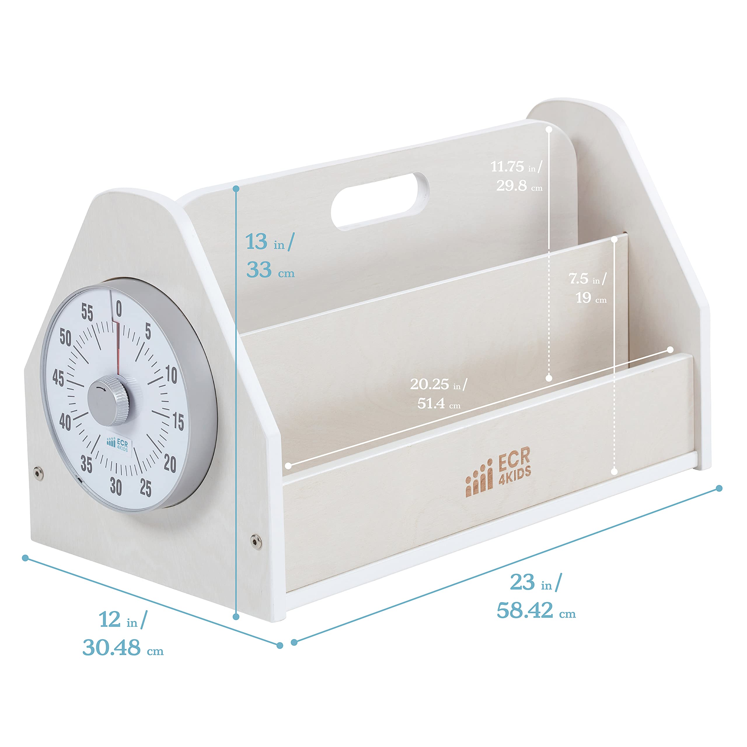 ECR4Kids Double-Sided Book Caddy with Timer - Portable Bookshelf Organizer for Classroom & Home - White Wash Finish - Ideal for Reading Corners, Daycare Centers & Homeschooling