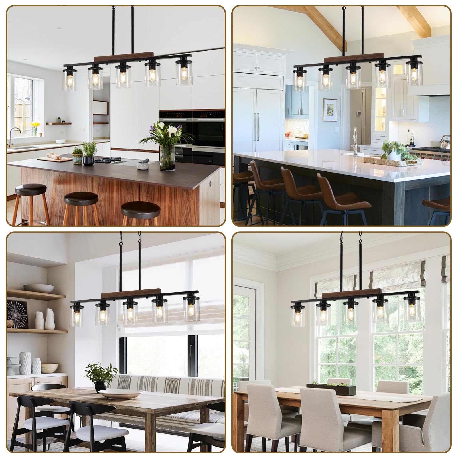 5-Light Black Modern Rustic Wood Ceiling Pendant Light - Farmhouse Chandelier with Clear Glass Shade for Kitchen Island & Dining Room Lighting | Perfect Over Tables in Rustic, Industrial & Farmhouse Decor