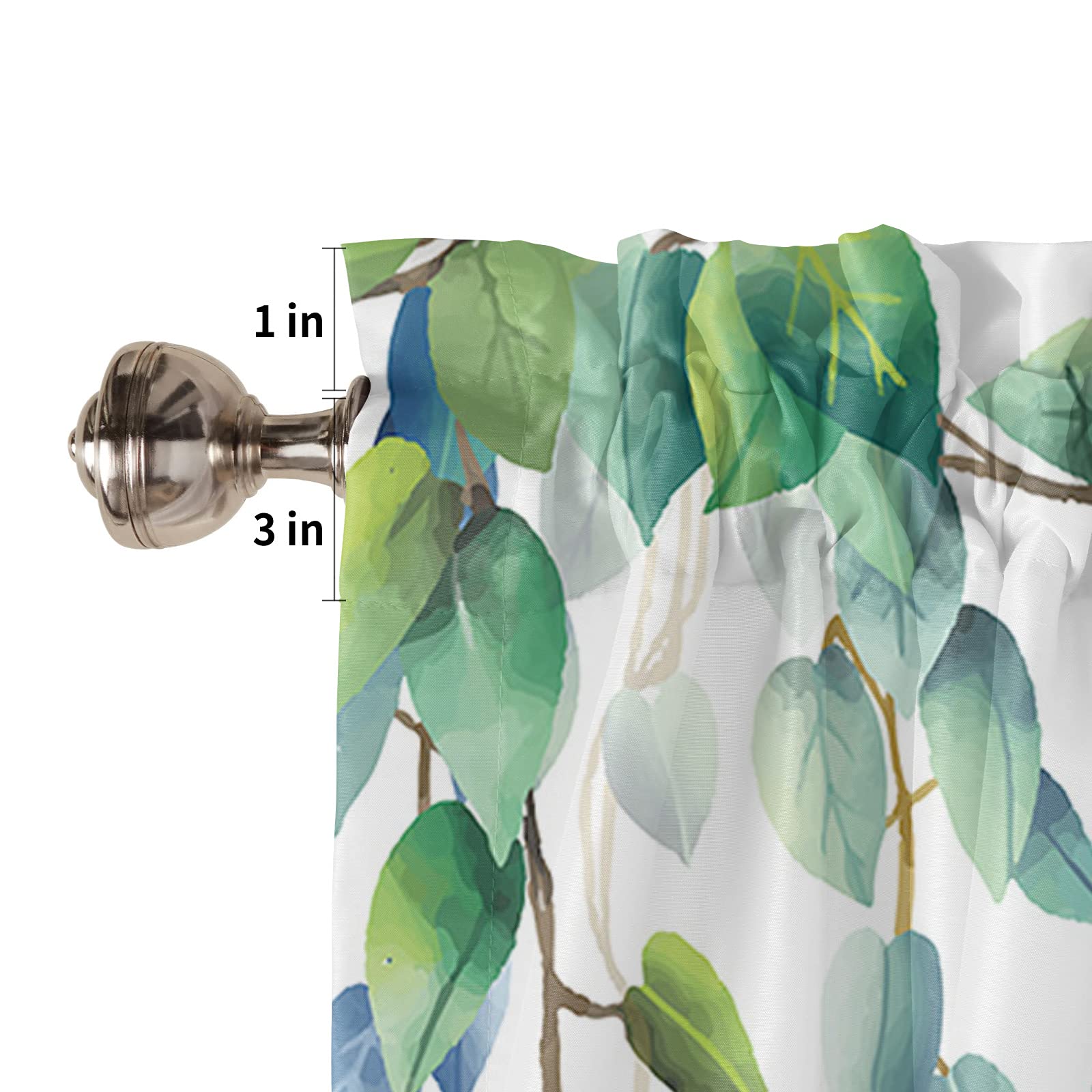Country Style Kitchen Cafe Curtain Set - 3 Piece Spring Green Leaf Design with Rod Pocket, Short Window Valances & Panels for Privacy - Perfect for Bedroom, Living Room & Kitchen Windows - Watercolor Botanical Print on White Fabric
