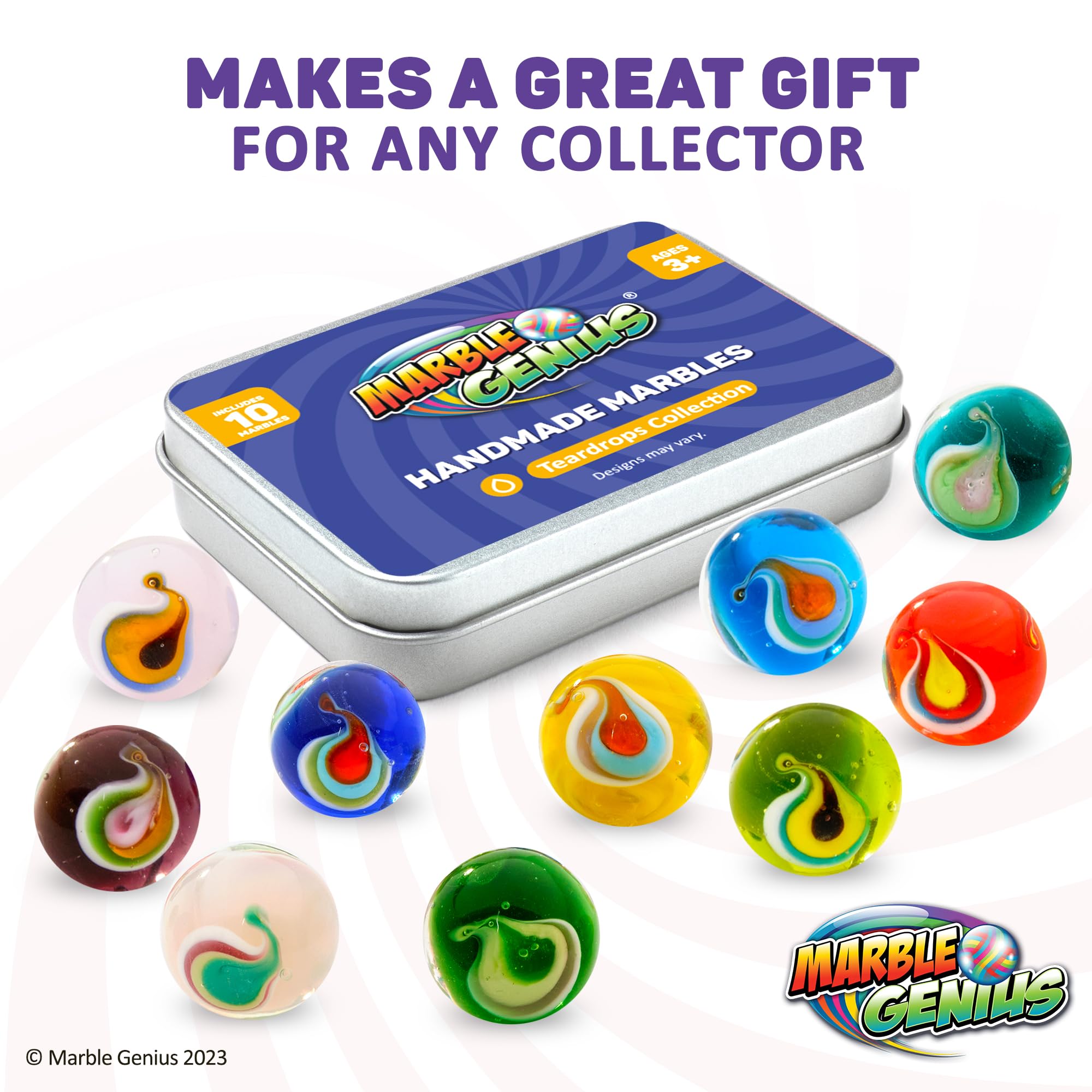 Marble Genius Collectors Marbles - 10 Handmade Glass Teardrop Marbles (16mm / ⅝ Inch) - Perfect Gift for Marble Lovers & Kids Ages 3+ - Great for Collections, Games, and Home Decor