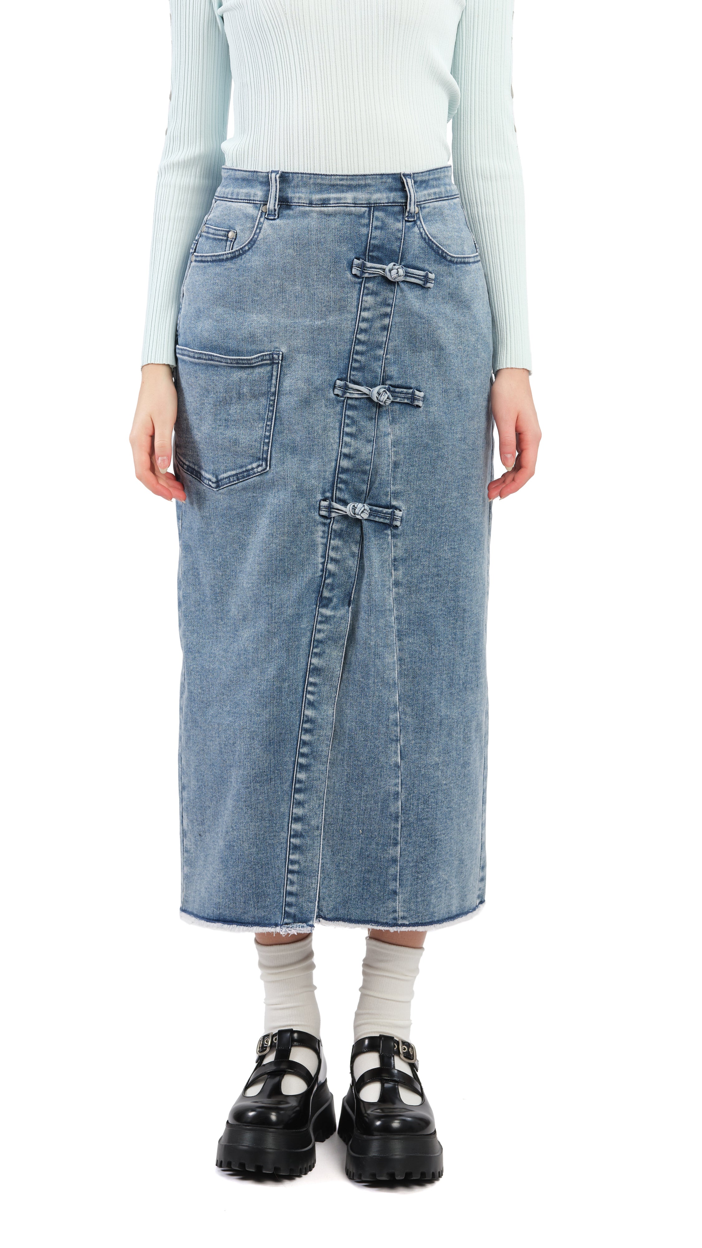 Vintage Rebuilt Denim Pencil Skirt for Women - High Waist Distressed Denim Skirt with Side Slits - Perfect for Casual Outfits, Office Wear & Date Nights