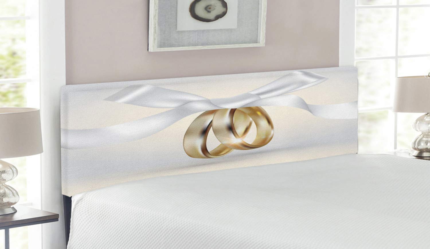 Ambesonne Wedding Headboard - Queen Size Upholstered Metal Bed Frame with Memory Foam, Decorative White & Yellow Pair of Wedding Rings Design with Ribbon Accent | Perfect for Master Bedroom, Bridal Suite & Anniversary Gift