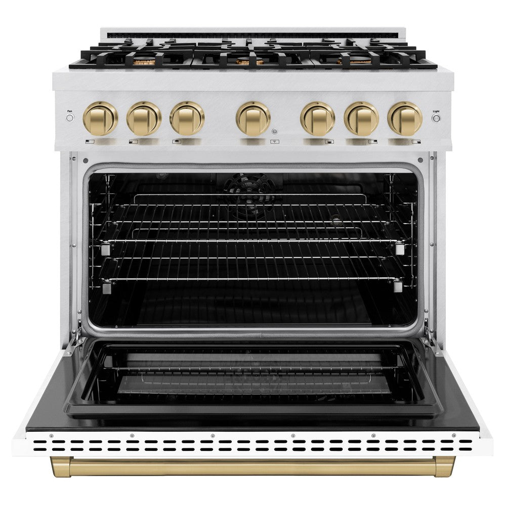 ZLINE Autograph Edition 36-inch 5.2 cu. ft. Dual Fuel Range - 6 Burner Gas Cooktop & Electric Convection Oven - Satin Stainless Steel with White Matte Door & Champagne Bronze Accents (HDRSZ WM 36 CB) | Professional Kitchen Appliance for Home Chefs & Cooking Enthusiasts