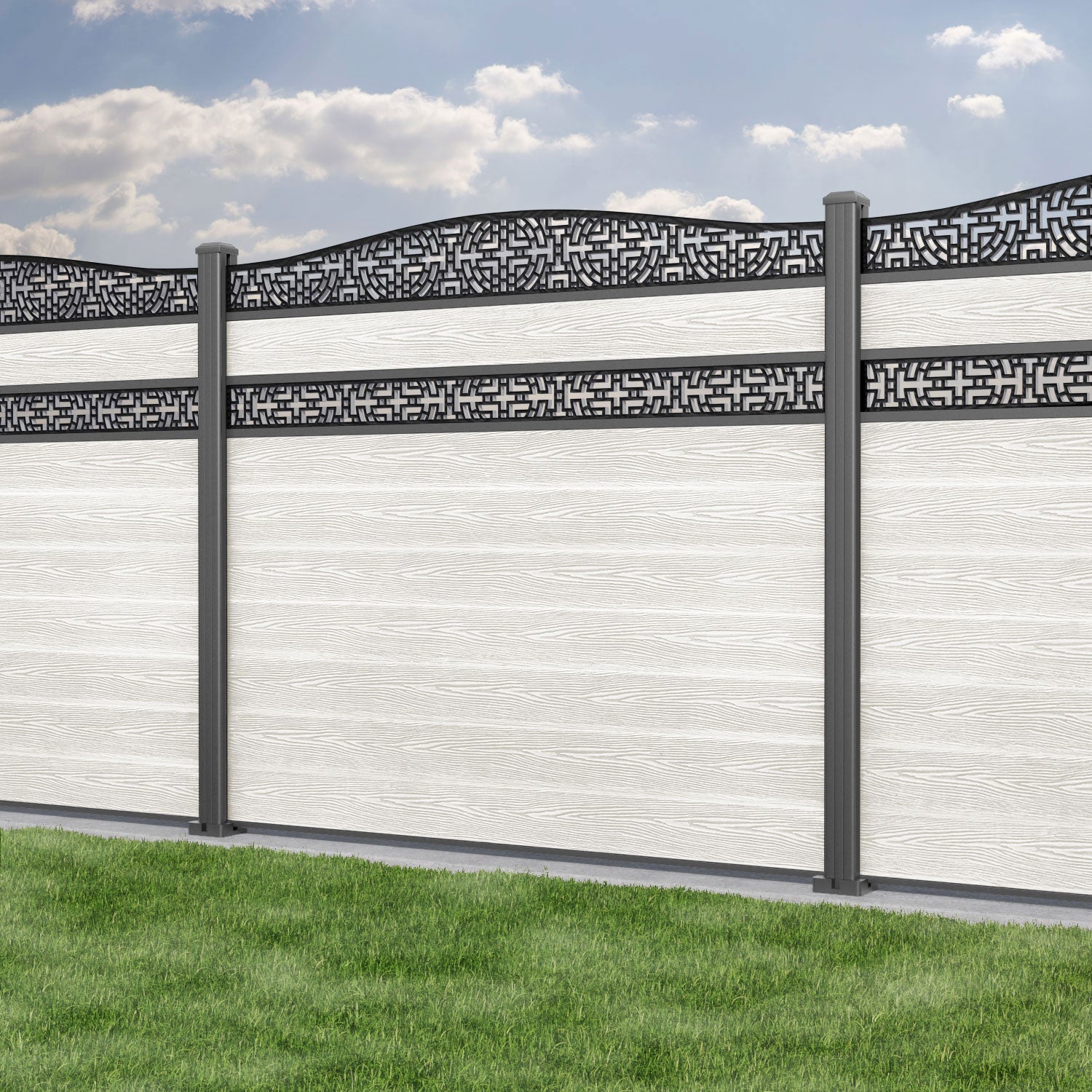 Classic Kumo Curved Top Split Screen Fence Panel in Light Stone with Aluminum Posts - Perfect for Garden Privacy, Patio Decoration, and Backyard Landscaping