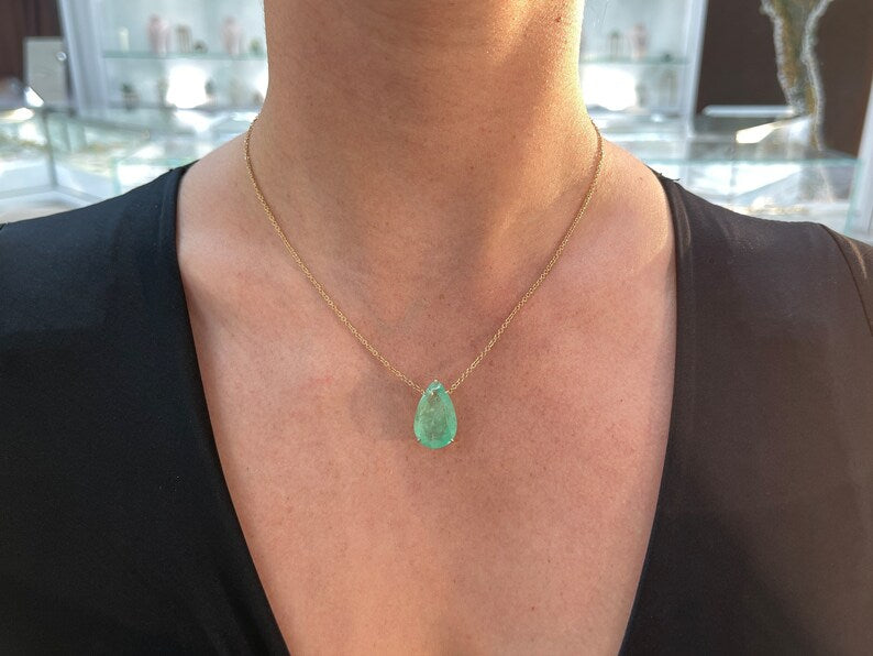 14.82ct 14K Gold Pear Cut Teardrop Emerald Pendant Necklace - May Birthstone Jewelry, Elegant Gift for Women, Perfect for Mother's Day, Anniversary & Special Occasions