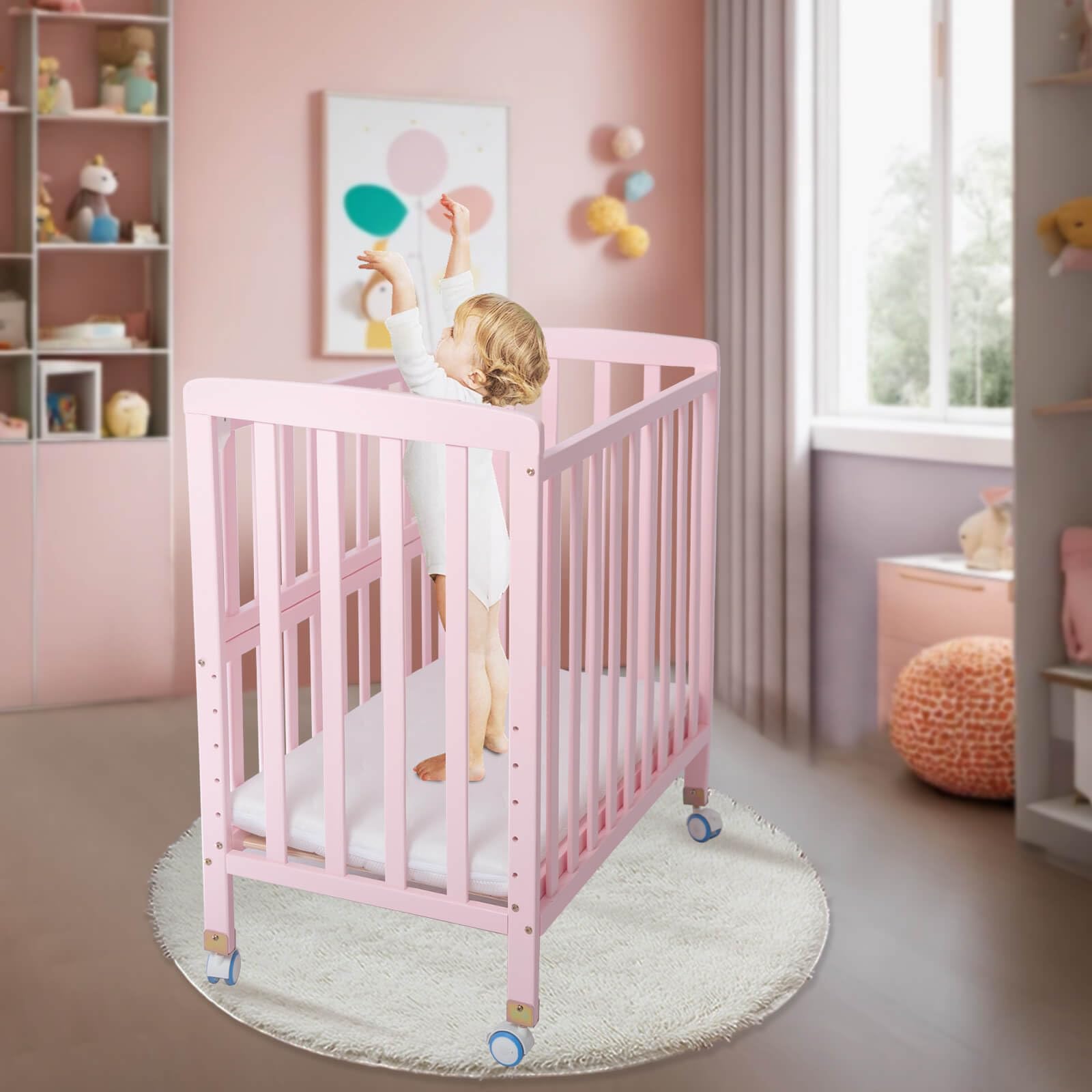 Portable Pine Wood Baby Bassinet Bedside Sleeper - Adjustable 6 Height Crib with Mattress for Newborns 0-12 Months, Space-Saving Nursery Bed for Girls (Pink) - Perfect for Co-Sleeping, Nursery Rooms & Small Spaces