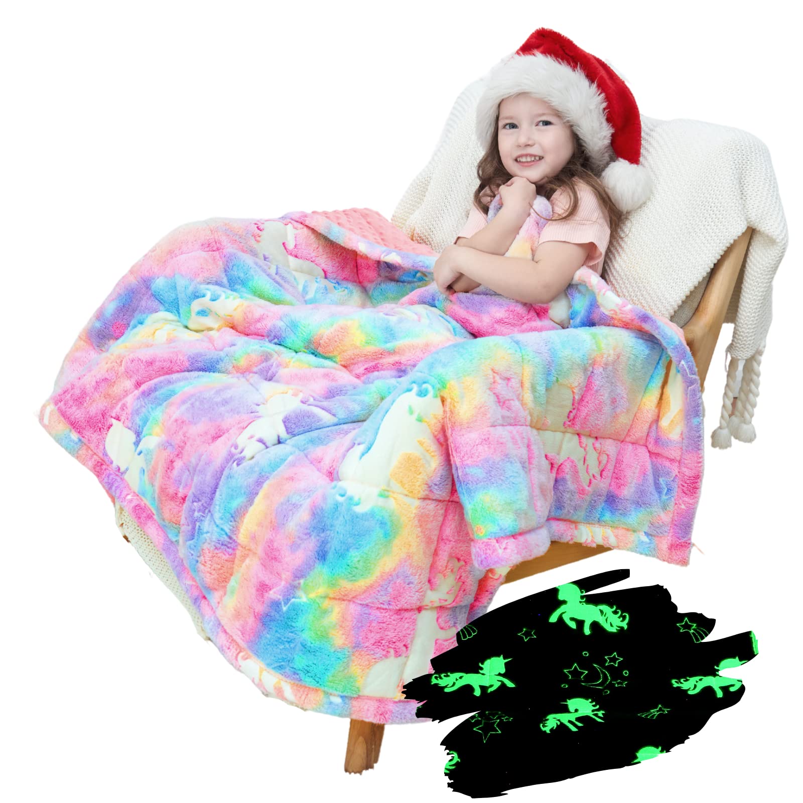 Bood Glow Flannel Weighted Blanket for Kids - 7 lbs Glow in The Dark Rainbow Unicorn Blanket | Soft & Comfortable Weighted Blanket for Children & Girls | Perfect for Bedtime, Anxiety Relief & Sensory Needs