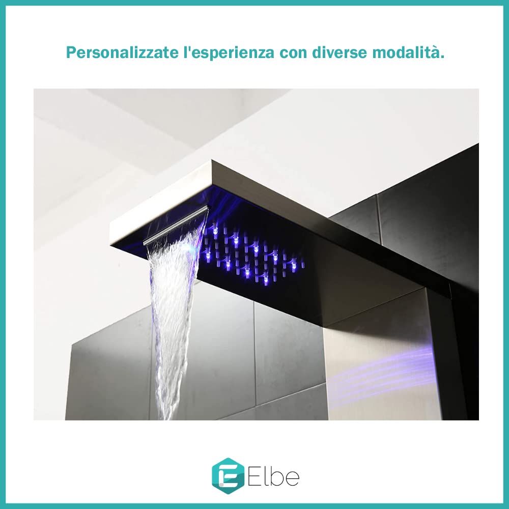 Elbe LED Shower Panel - 304 Stainless Steel Shower Column with 4-Function Hydromassage Mixer Tap & Hand Shower - Easy Installation for Modern Bathroom Upgrade - Perfect for Spa-Like Relaxation and Daily Shower Experience