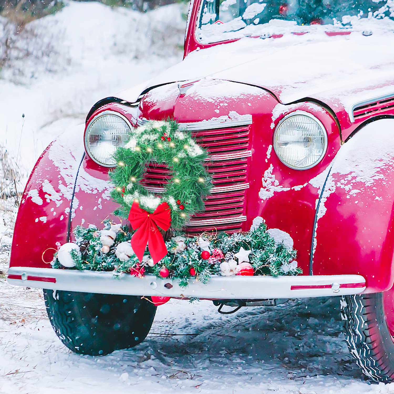 Christmas Car Decoration Wreath with Lights - Festive Holiday Auto Accessory for Car, Truck, SUV - Includes Mounting Kit - Perfect for Road Trips & Holiday Parades
