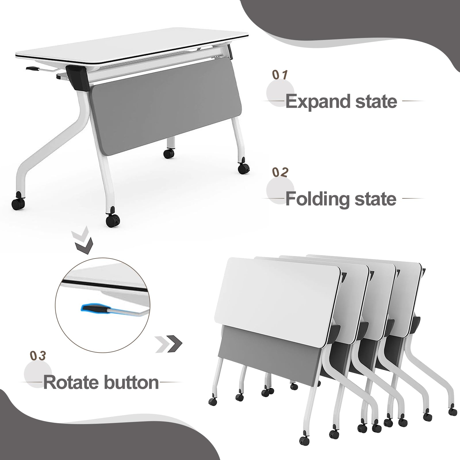 Modern Folding Conference Table for 4 People - Lockable Wheels Mobile Office Meeting Table with Foldable Design - Perfect for Home Office, Classroom, Seminar & Media Centers (4-Pack Set)