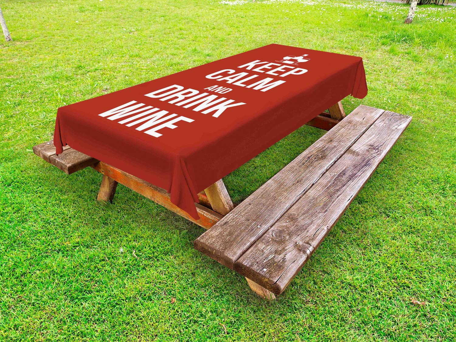 Ambesonne Wine Themed Outdoor Tablecloth - Keep Calm & Drink Wine Design with Bottle & Glasses - Washable Picnic Table Cover 58x120 Inches - Ruby White - Perfect for Backyard BBQs, Garden Parties & Outdoor Dining