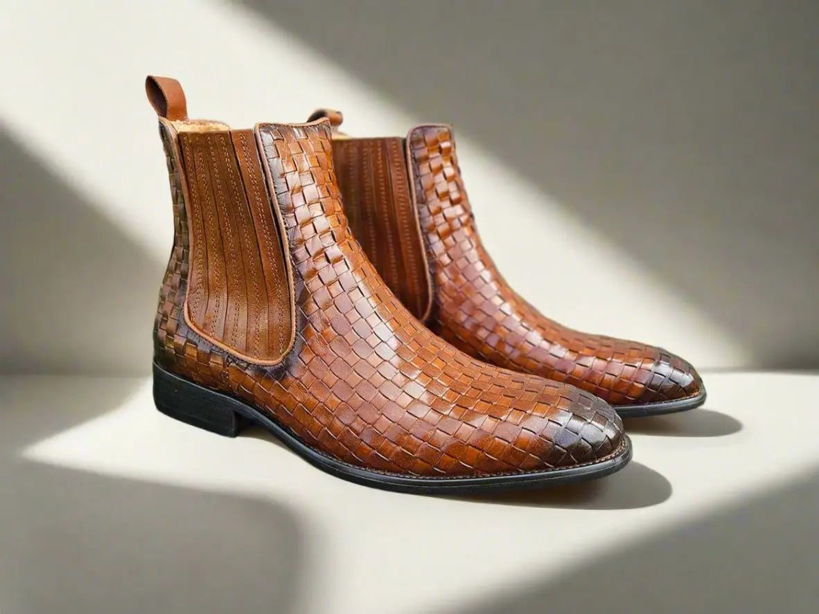 Premium Basket Weave Leather Chelsea Boots for Men - Comfortable Ankle Boots with Elastic Sides - Perfect for Casual Wear, Office & Outdoor Activities