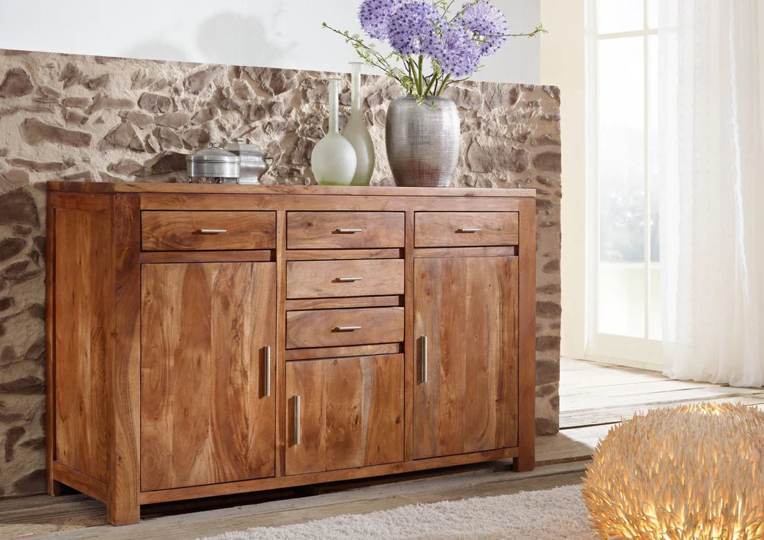 Gfine Solid Acacia Wood Sideboard - 3 Doors & 5 Drawers Storage Cabinet (137x43x88cm) - Perfect for Dining Room, Living Room & Entryway Organization