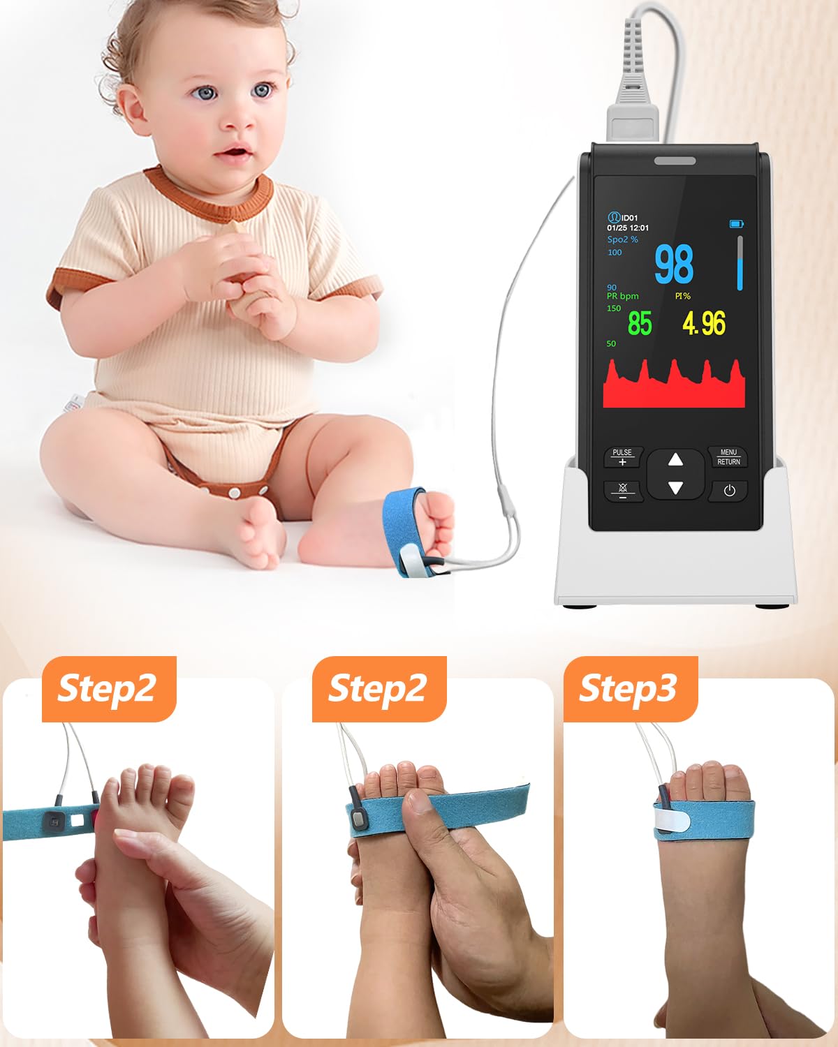 HealthTree Rechargeable Fingertip Pulse Oximeter for Adults & Babies - Continuous Oxygen Monitor with Overnight Tracking & Alarm - Perfect for Home Use, Sleep Monitoring, and Fitness Tracking