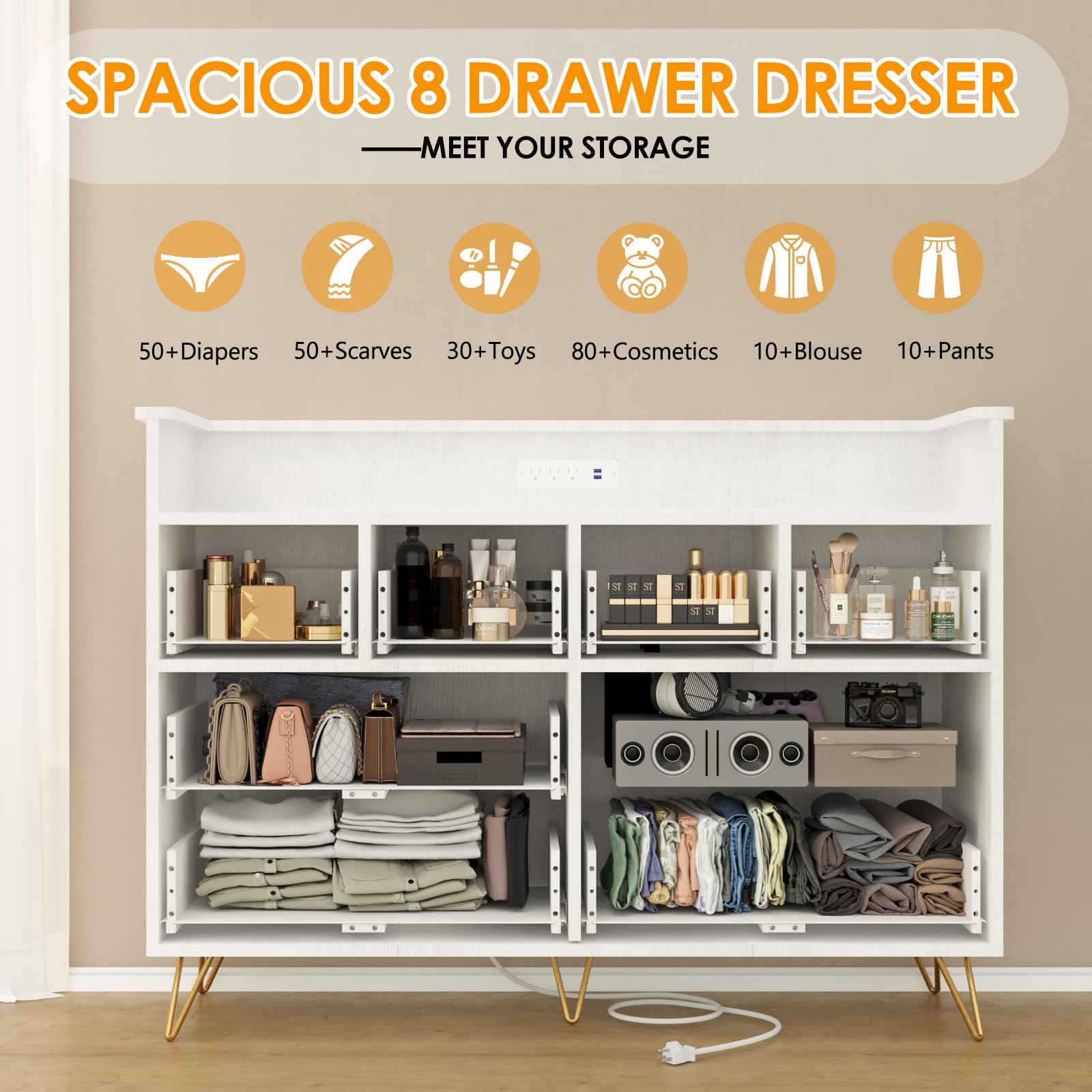 Modern White Wooden Dresser with LED Lights & USB Charging Station - 8-Drawer Storage Organizer for Bedroom, Living Room, Entryway & Hallway - Spacious Open Design for Clothes, Shoes & Home Decor Organization