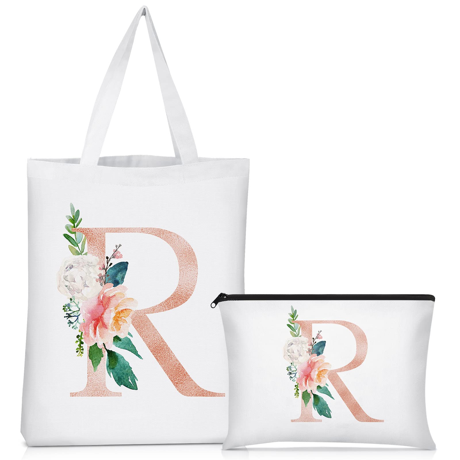 Personalized Floral Monogram Canvas Tote Bags for Women - 2 Pack Initial Cosmetic & Travel Bags - Wedding, Bridal Shower, Beach & Everyday Use