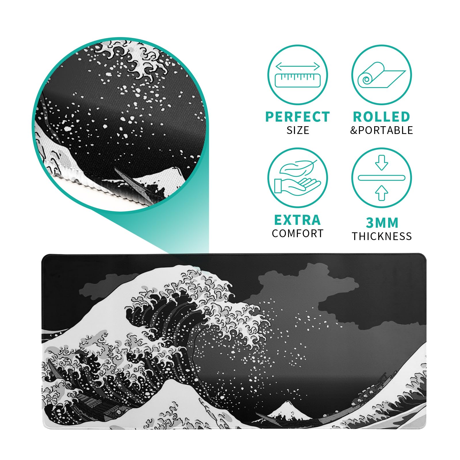 Premium Japanese Black Sea Wave Design Mouse Pad - Extra Large 31.5x11.8 Inch Gaming Mouse Mat with Non-Slip Rubber Base & Stitched Edges - Kanagawa Inspired XL Desk Mat for Keyboard & Mouse - Perfect for Home Office, PC Gaming, and Workstation Setup