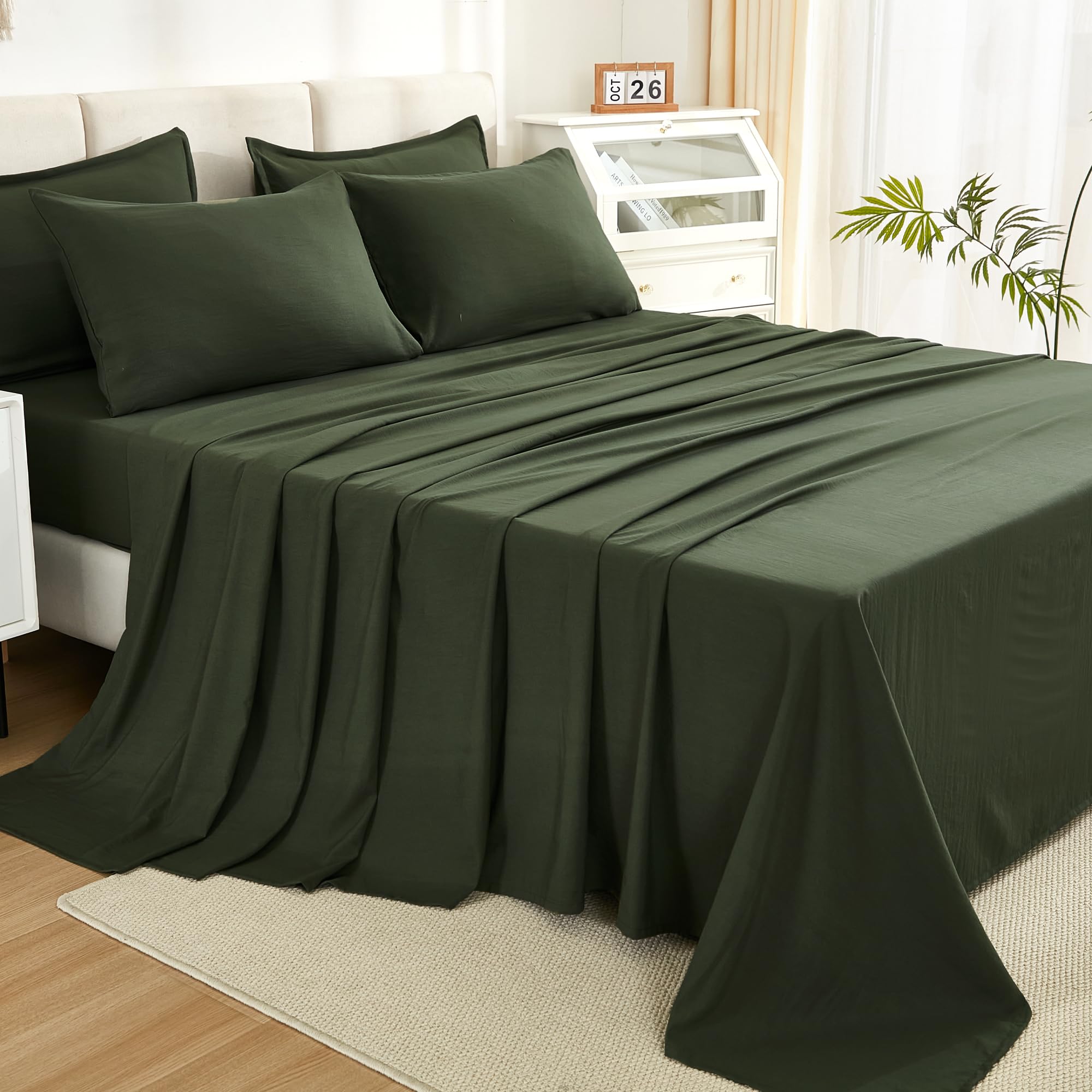 Litanika Dark Olive Green King Size Comforter Set - 7 Piece All-in-One Bedding Bundle with Lightweight Comforter, Sheets & Pillowcases | Perfect for Master Bedroom, Guest Room & Cozy Home Decor