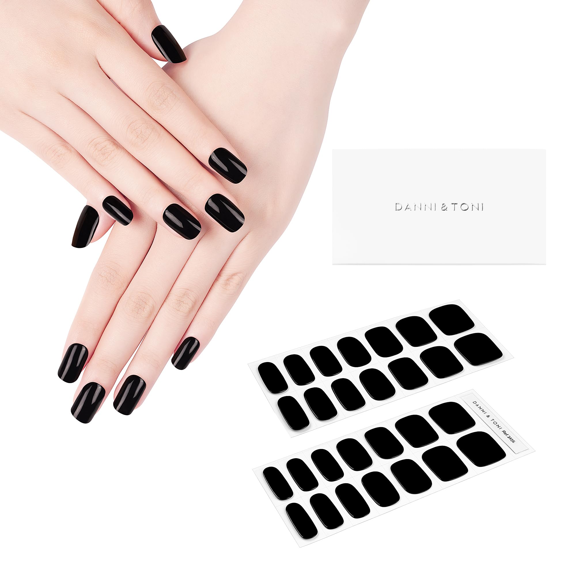 DANNI & TONI Semi Cured Gel Nail Strips - Black Obsidian Glossy Nail Polish Stickers (28 Count) | DIY Salon-Quality Manicure at Home | Perfect for Parties, Weddings & Everyday Wear