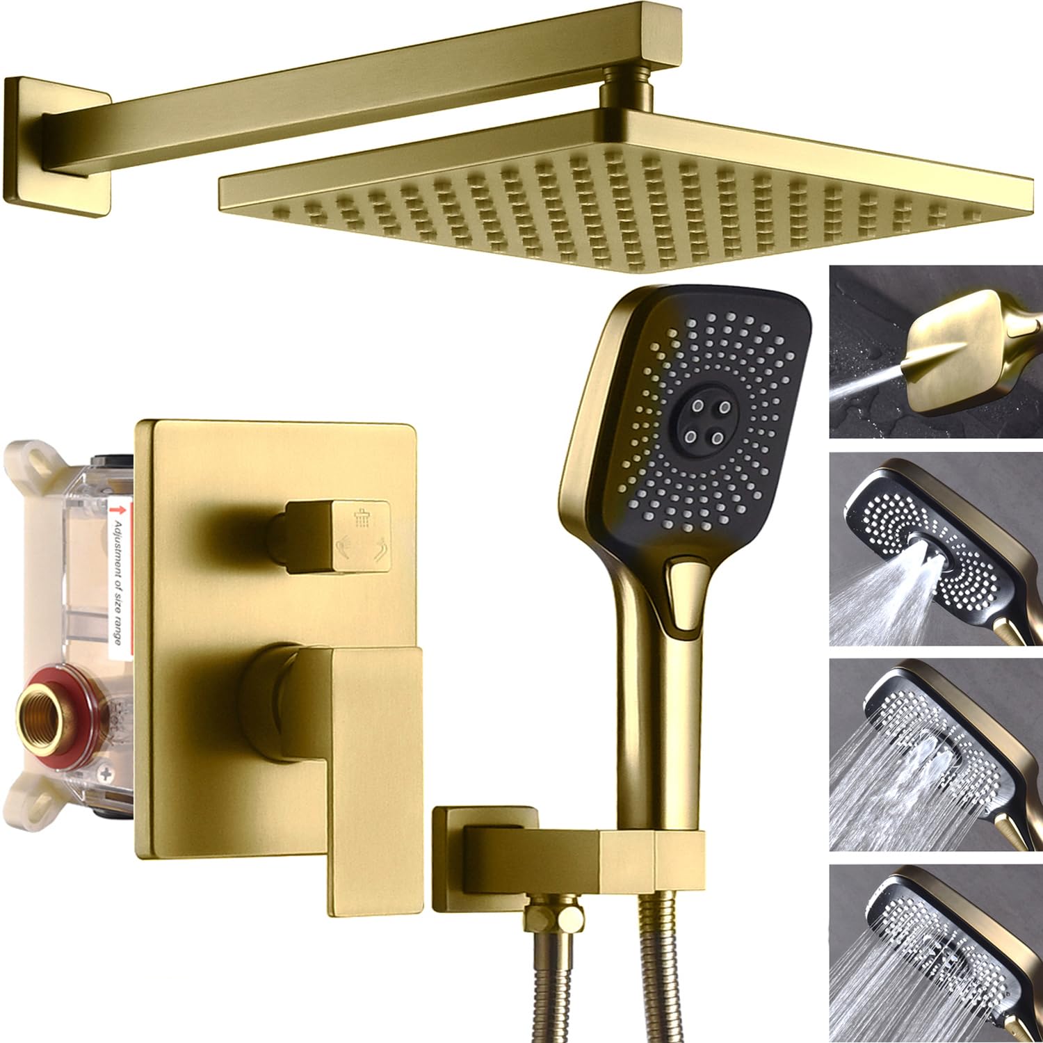 10 Inch Rainfall Shower System with 4-Setting Handheld Spray, Pressure Balance Valve & Brushed Gold Trim Kit - Wall Mounted Bathroom Faucet Set for Luxurious Spa Experience at Home