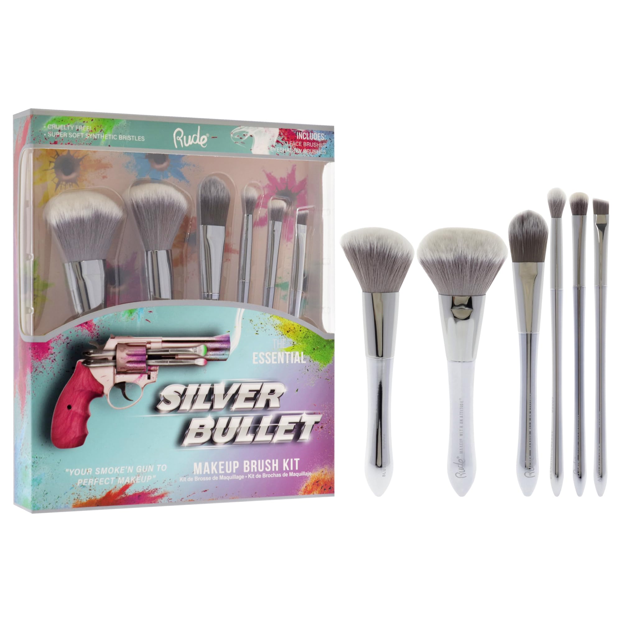 Rude Cosmetics Silver Bullet Makeup Brush Set - 6 Piece Professional Gun-Themed Brush Kit (Beretta Powder, Glock Blush, Remington Foundation, Shotgun, Browning Angled) for Women | Perfect for Everyday Makeup, Travel & Professional Makeup Artists