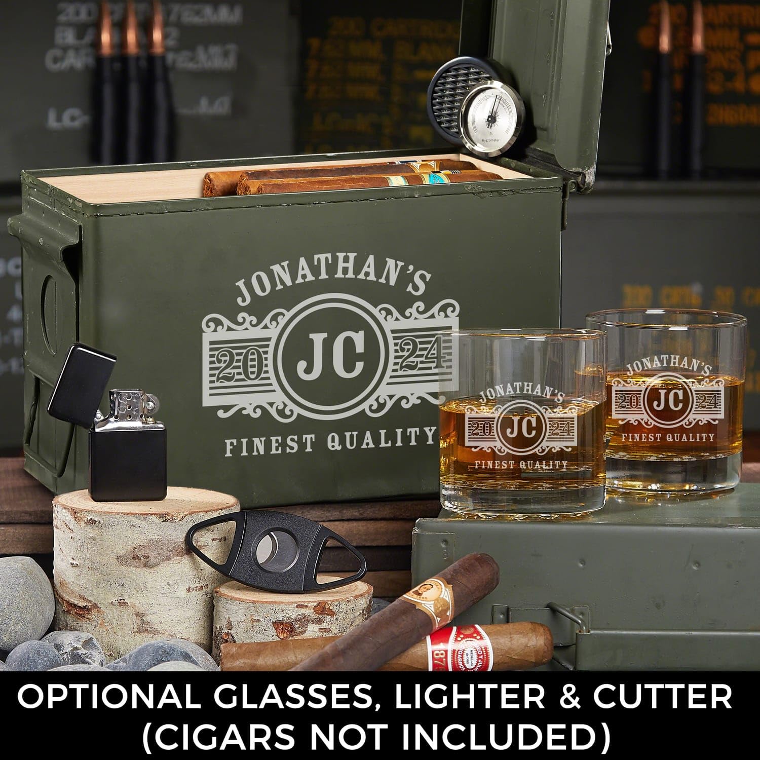 50 Cal Ammo Can Humidor - Custom Marquee Design for Cigars | Perfect for Home, Office, or Man Cave Storage