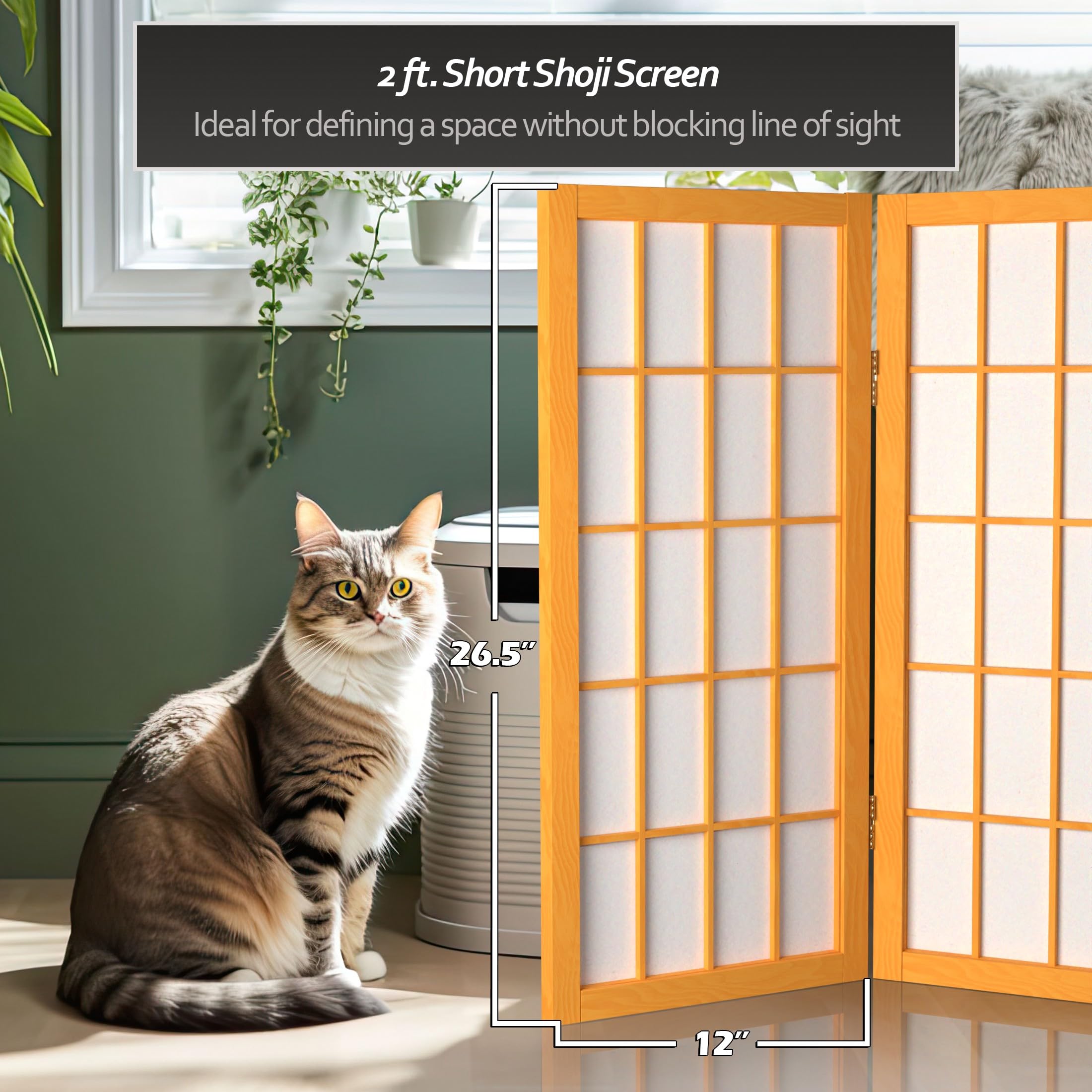 2 ft. Short Honey-Colored Desktop Shoji Screen - 4-Panel Japanese Room Divider - Perfect for Home Office, Meditation Space & Room Partition