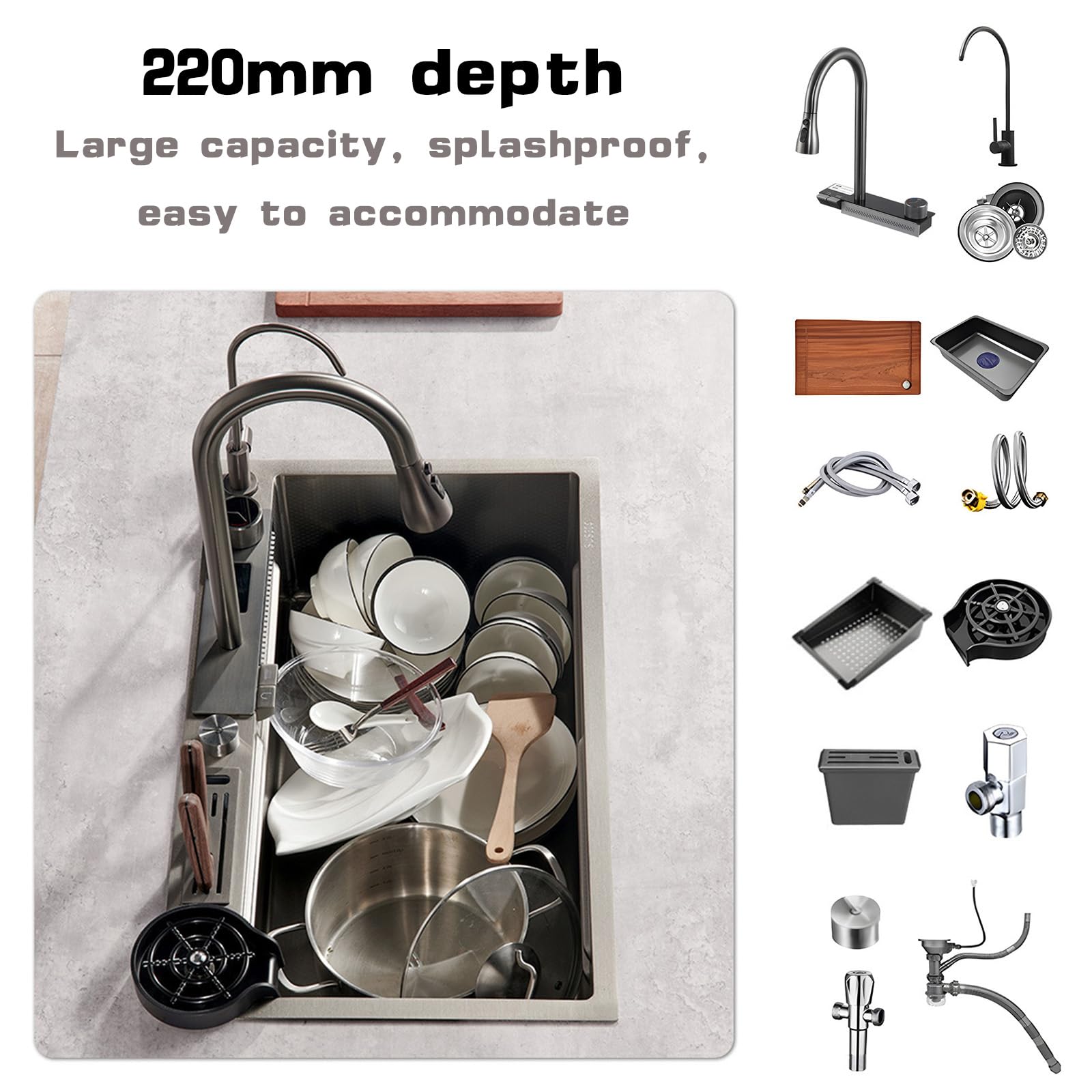 Smart Digital Drop-in Kitchen Sink with Pull-Out Waterfall Faucet - 304 Stainless Steel Modern Design with Nano Workstation, Cup Washer & Knife Holder (31.5×17.7 Inch) - Perfect for Modern Kitchens, Restaurant Prep Areas & Luxury Home Renovations