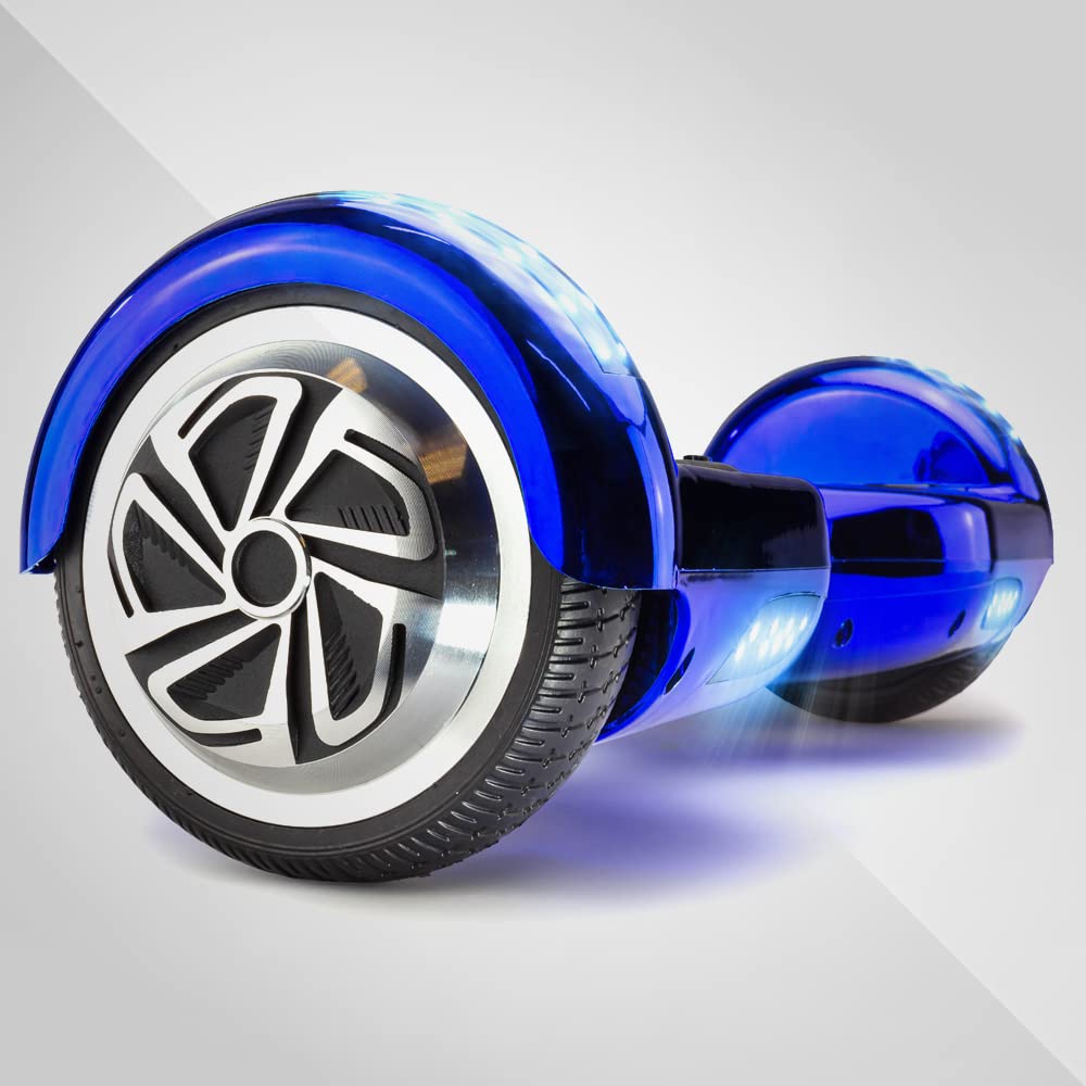 Blue Chrome Hoverboard - 2X Ride Time with Durable Aluminum Wheels | Latest Model for Kids & Adults up to 220lbs | Bluetooth, LED Lights & Carrying Case Included | Perfect for Commuting, Outdoor Fun & Gifts