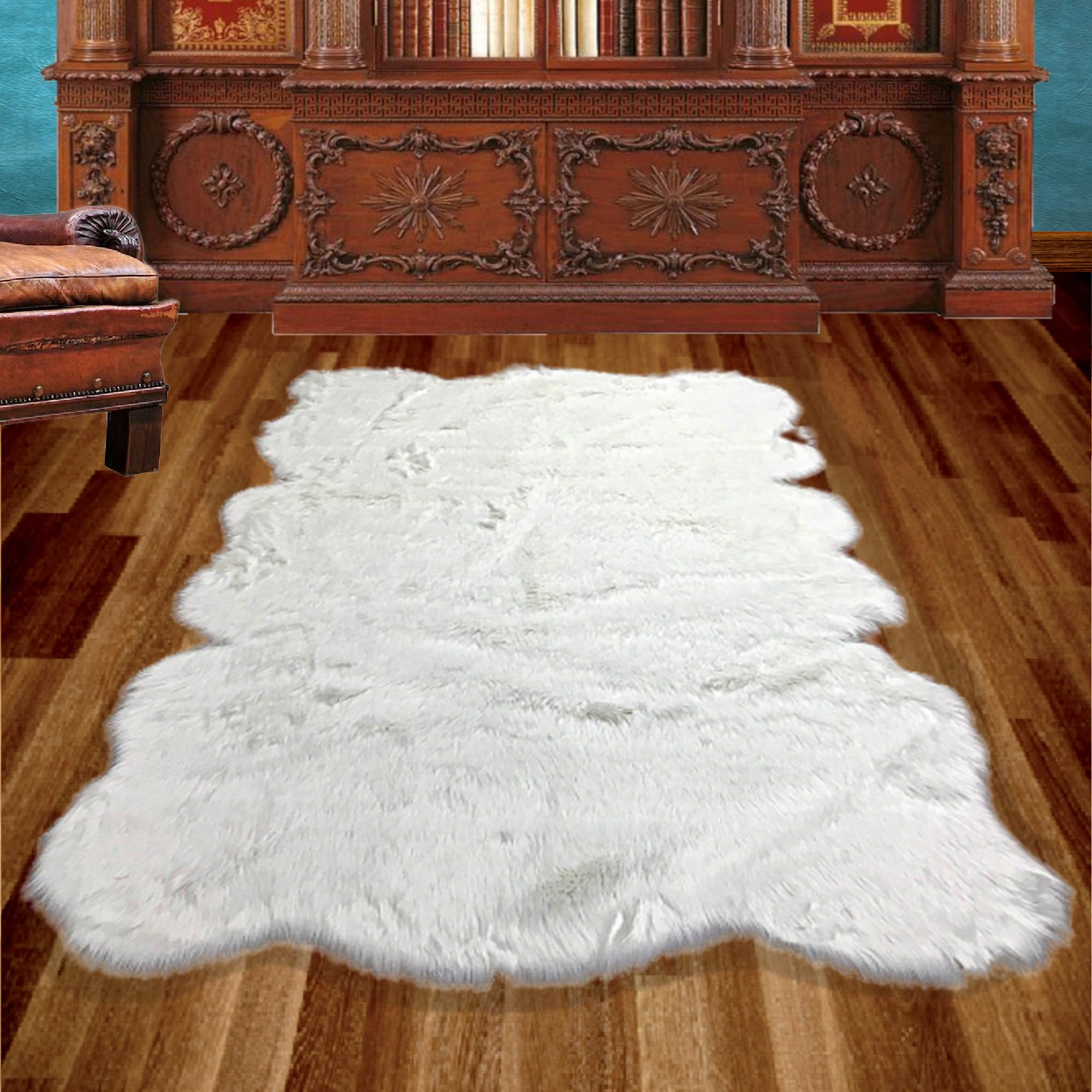 Luxury White Faux Fur Shag Area Rug - Soft Plush Sheepskin Carpet with Sculpted Edge - 3'x6' Gray Rectangle Accent Rug for Living Room, Bedroom & Nursery Decor