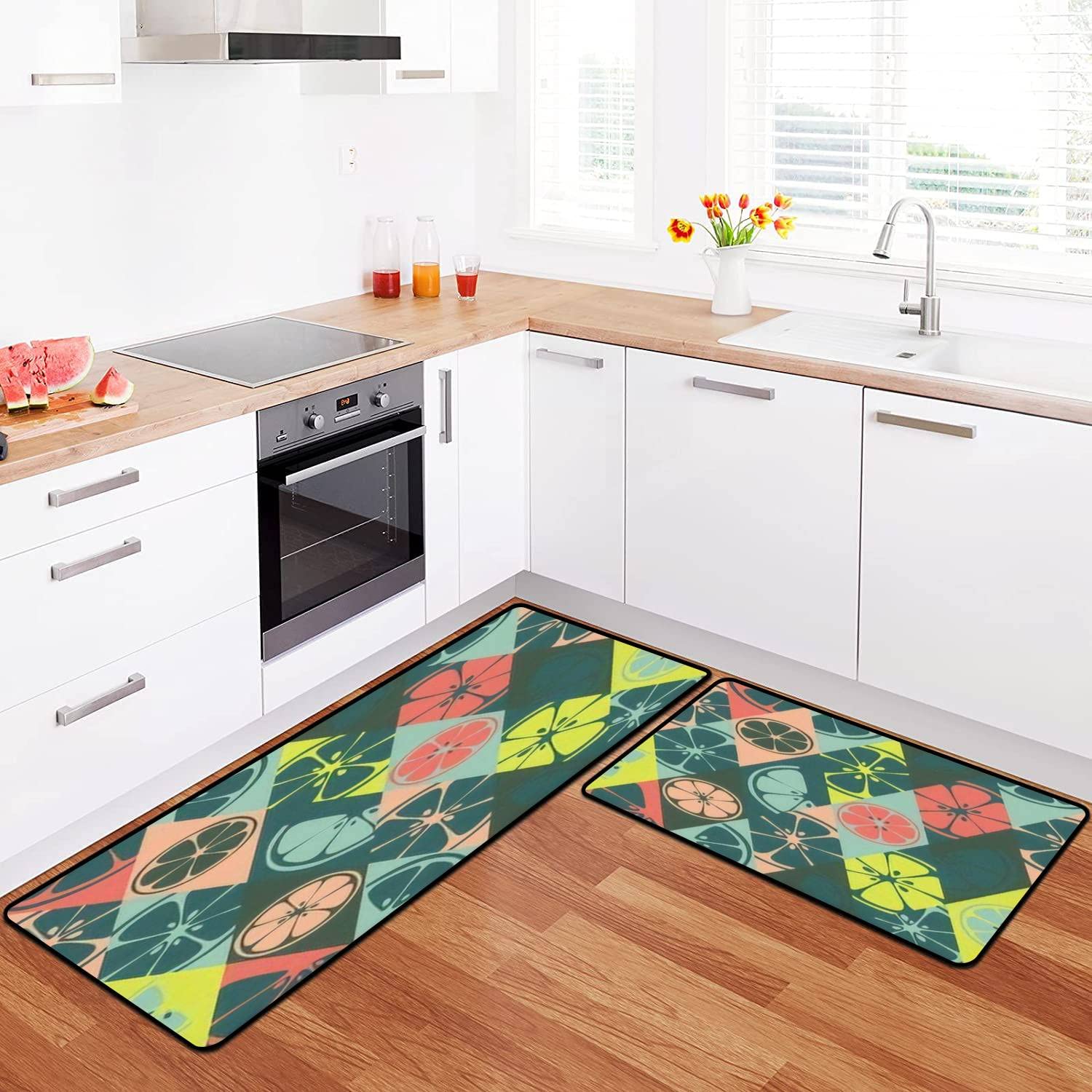 Organic Fruits Texture Non-Slip Kitchen Rugs Set - Washable Botanical Design Vegan Floor Mat, Comfort Standing Kitchen Runner, Bath Rug & Doormat for Home Decor - Perfect for Kitchen, Bathroom & Entryway