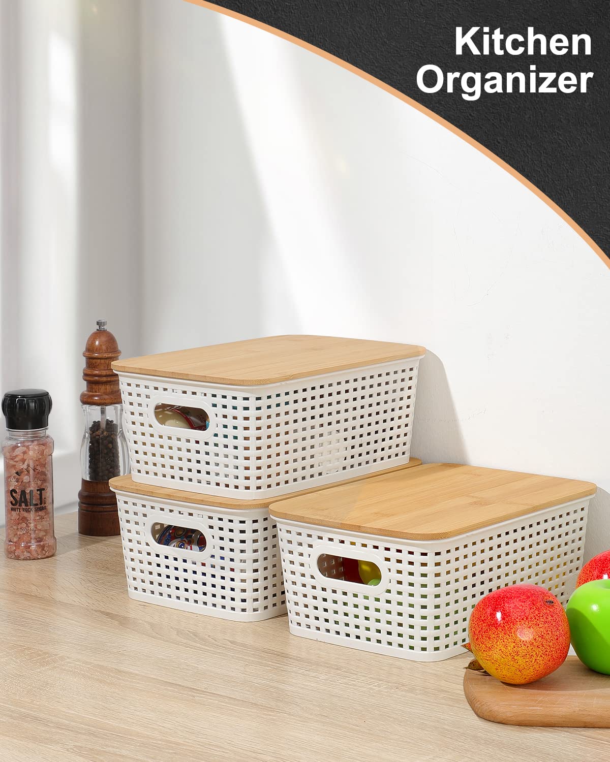 6-Pack White Storage Bins with Bamboo Lids - for Pantry, Shelves & Home Organization