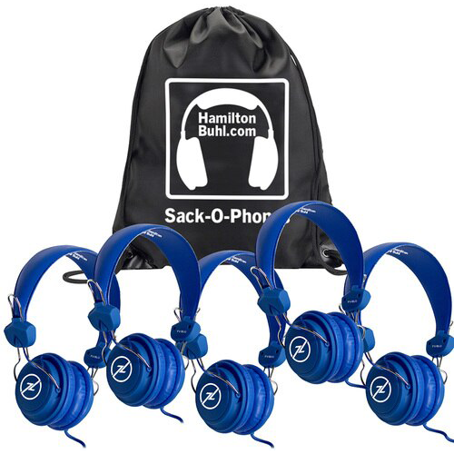 HamiltonBuhl Sack O'Phones Favoritz Headphones with In-Line Microphone & TRRS Plug - 5 Pack (3 Colors) - Perfect for Classroom, Library & Group Learning Activities