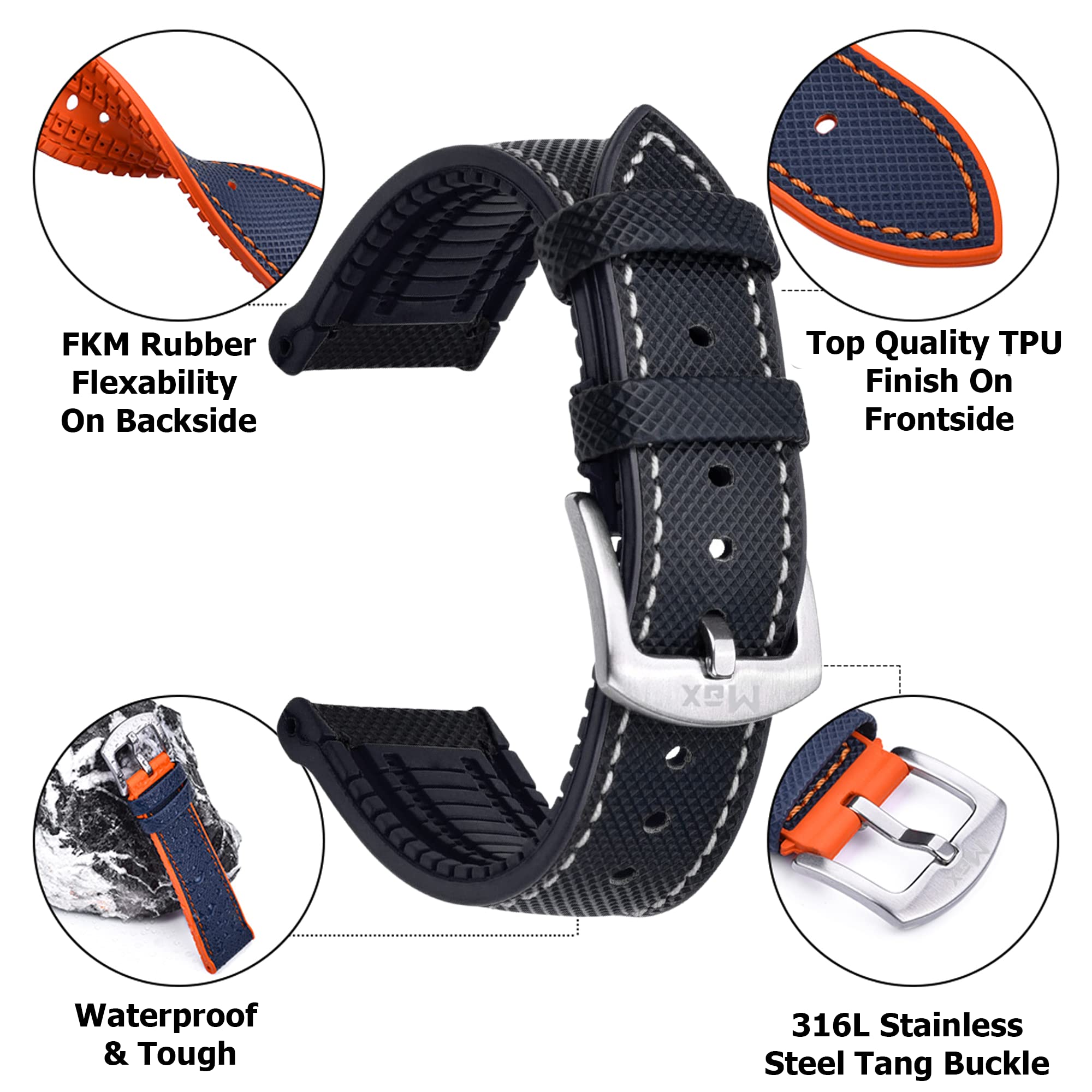 Premium FKM Rubber & TPU Hybrid Watch Band - 20mm & 22mm Replacement Strap for Traditional Watches and Smartwatches - Durable, Comfortable, Waterproof - Black, Blue, Orange - Perfect for Sports, Fitness, Swimming and Everyday Wear