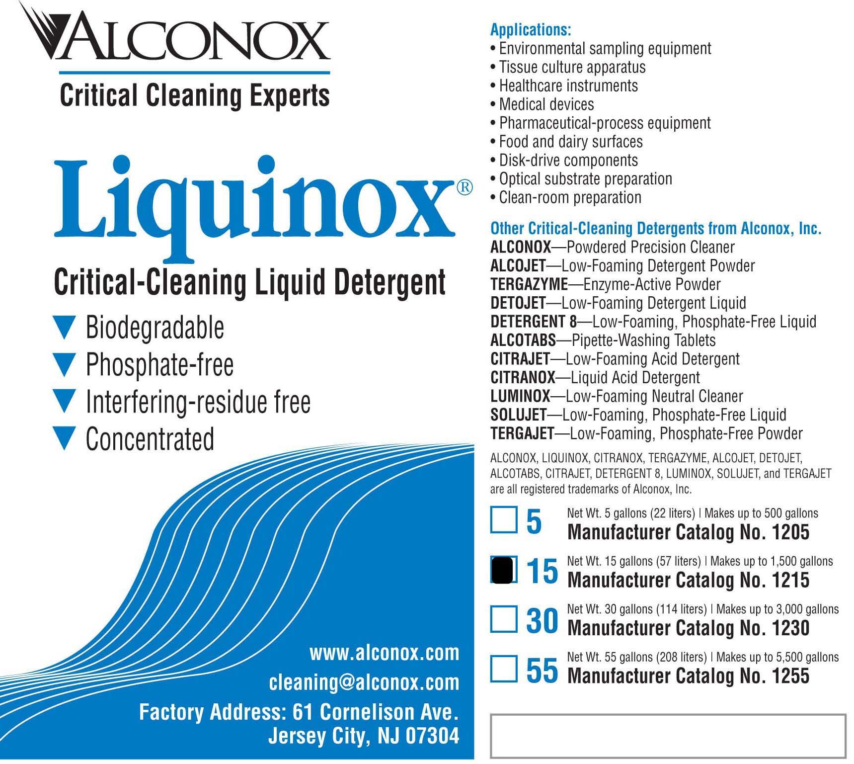 Alconox 1215 Liquinox Critical Cleaning Liquid Detergent - 15 Gallon Drum | Industrial & Laboratory Use | Precision Cleaning for Medical, Pharmaceutical & Scientific Equipment