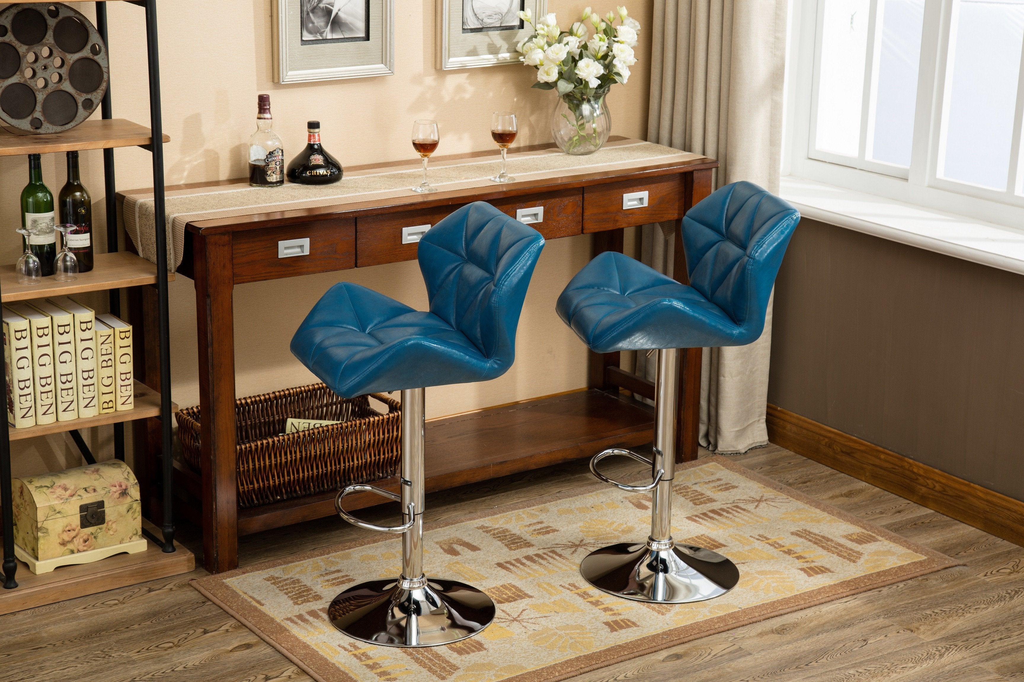 Roundhill Furniture Glasgow Contemporary Tufted Adjustable Height Hydraulic Bar Stools, Blue, Set of 2 - Perfect for Kitchen Islands, Home Bars & Modern Dining Areas
