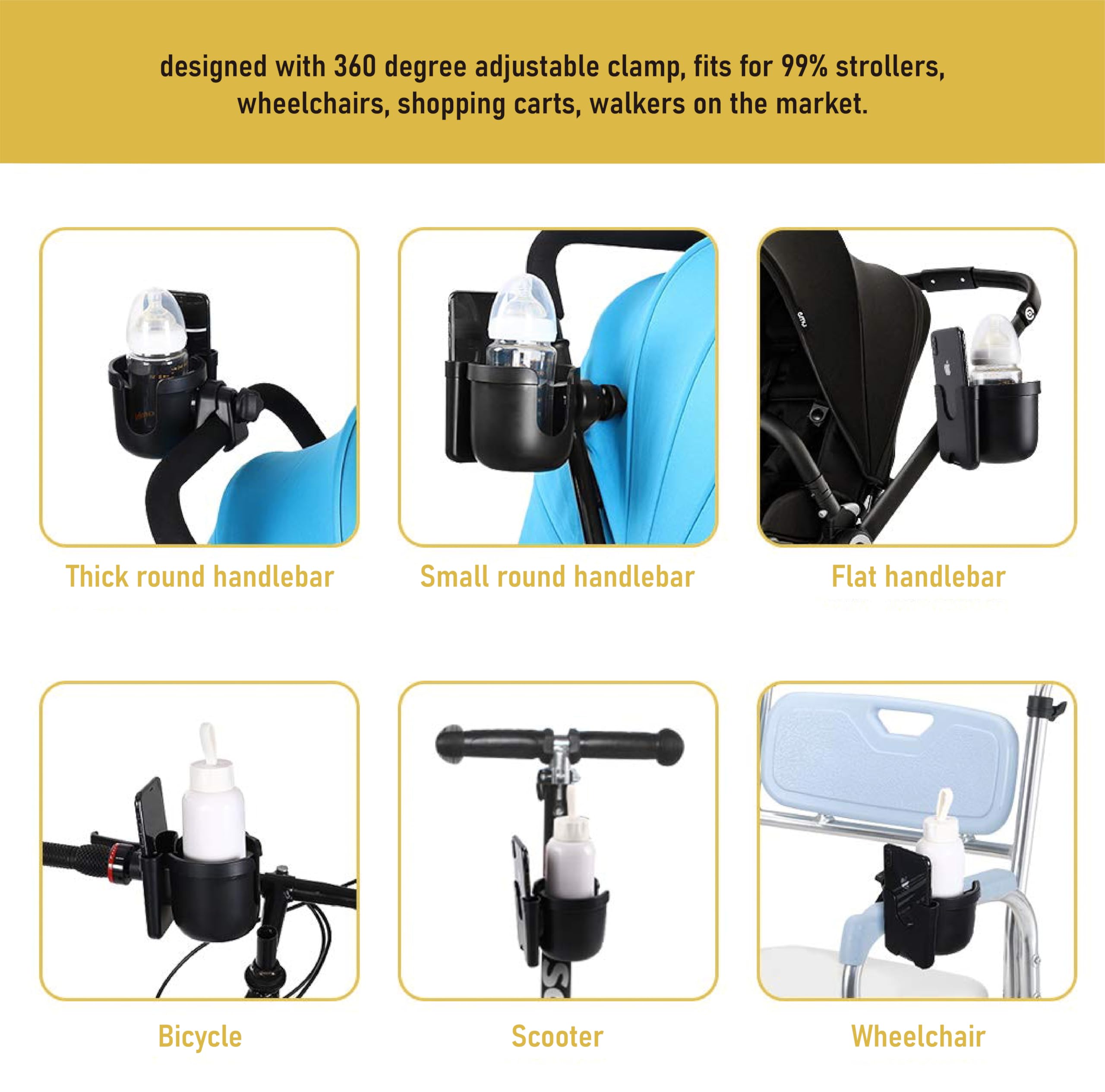 Universal Stroller Cup Holder with Phone Mount - 2-in-1 Drink & Phone Holder for Uppababy, Nuna, Doona Strollers, Bikes, Wheelchairs, Walkers & Scooters - Perfect for Parents, Cyclists & Mobility Aid Users