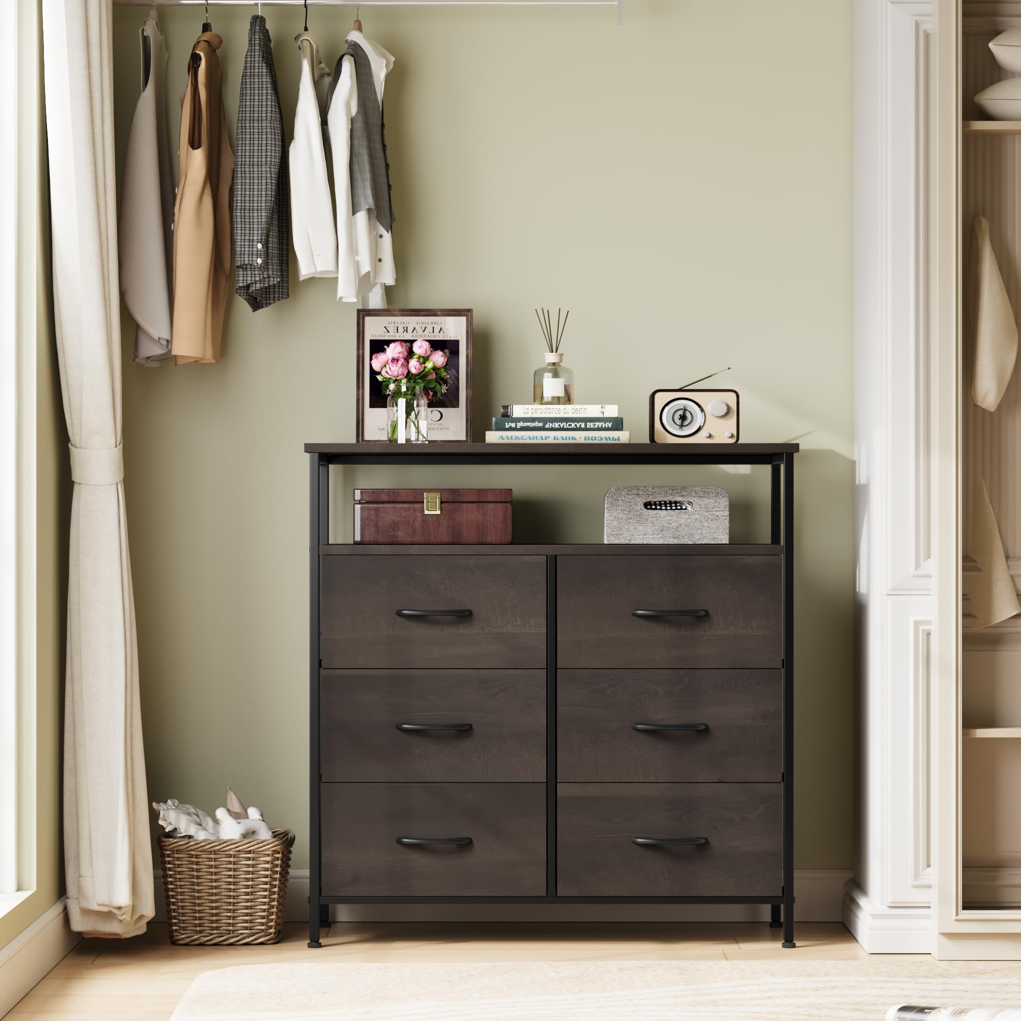 6-Drawer Wood Top Dresser with Fabric Storage Bins - Dark Brown Chest of Drawers for Bedroom, Closet & Kids Room Organization | Perfect as TV Stand, Clothes Storage & Home Decor