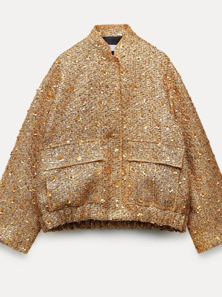 Elegant Gold Sequin Women's Short Jacket with Covered Buttons - Long Sleeve Loose Fit Coat for Autumn | Casual Streetwear for Ladies | Perfect for Parties, Date Nights & Evening Outings