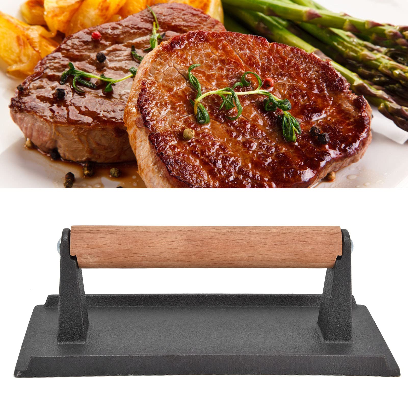Premium Cast Iron Bacon Press - Heavy Duty Hand-Held Grill Press for Steaks, Burgers & BBQ - Perfect for Grilling, Panini Press & Stovetop Cooking - Black Barbecue Accessories for Home & Outdoor Use