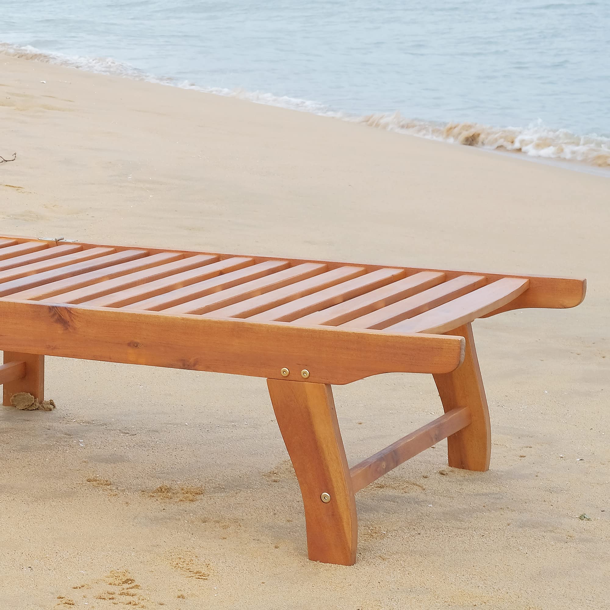 Outsunny Outdoor Folding Chaise Lounge Chair Recliner with Wheels - Acacia Wood Frame in Teak Color - Perfect for Patio, Poolside, Backyard & Beach Relaxation
