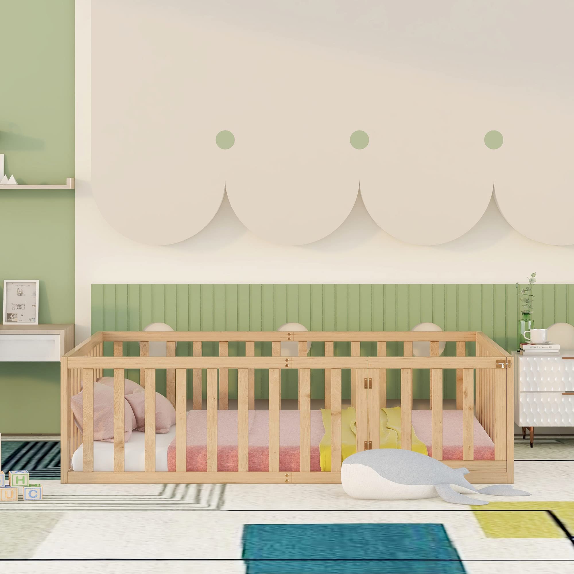 Wooden Kids Floor Bed with Fence & Door - Safe Playpen for Toddlers - Nursery & Playroom