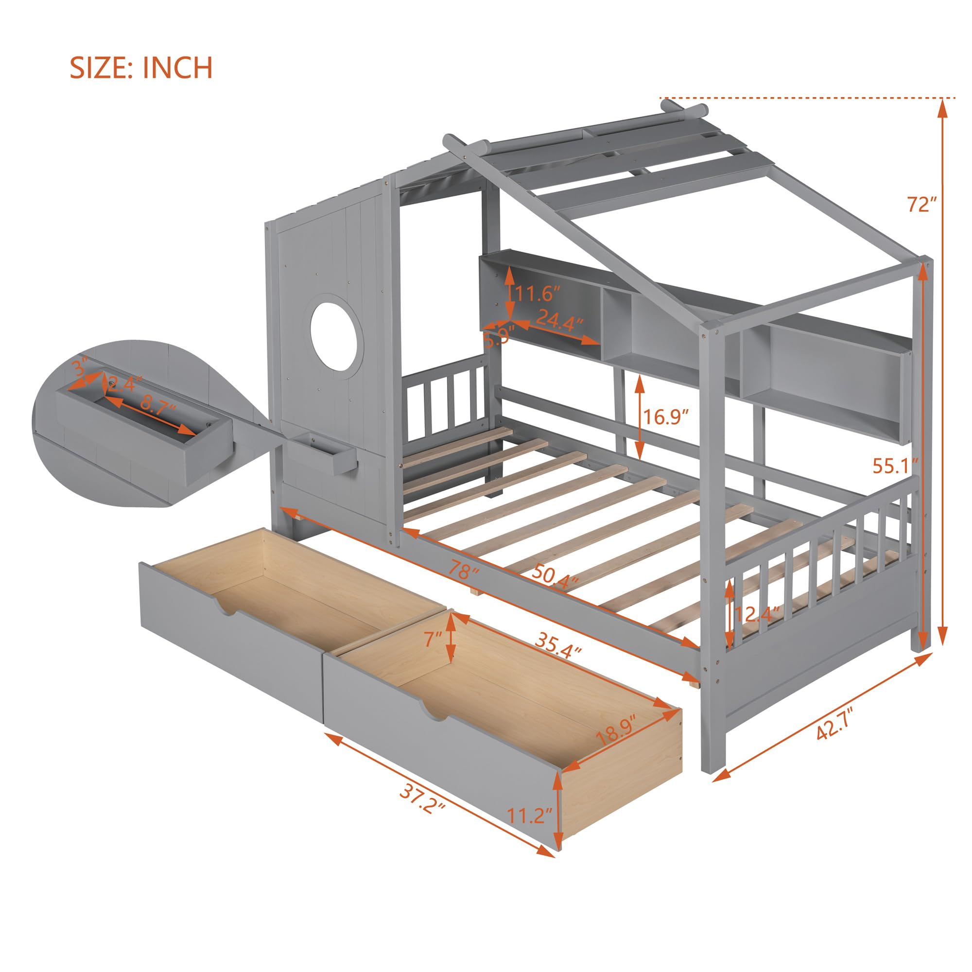 Wooden Twin Size House Bed with 2 Drawers - Kids Storage Bed with Shelf for Boys, Girls & Teens - Space-Saving Bedroom Furniture (Twin, Gray) - Perfect for Small Rooms, Playrooms & Sleepovers