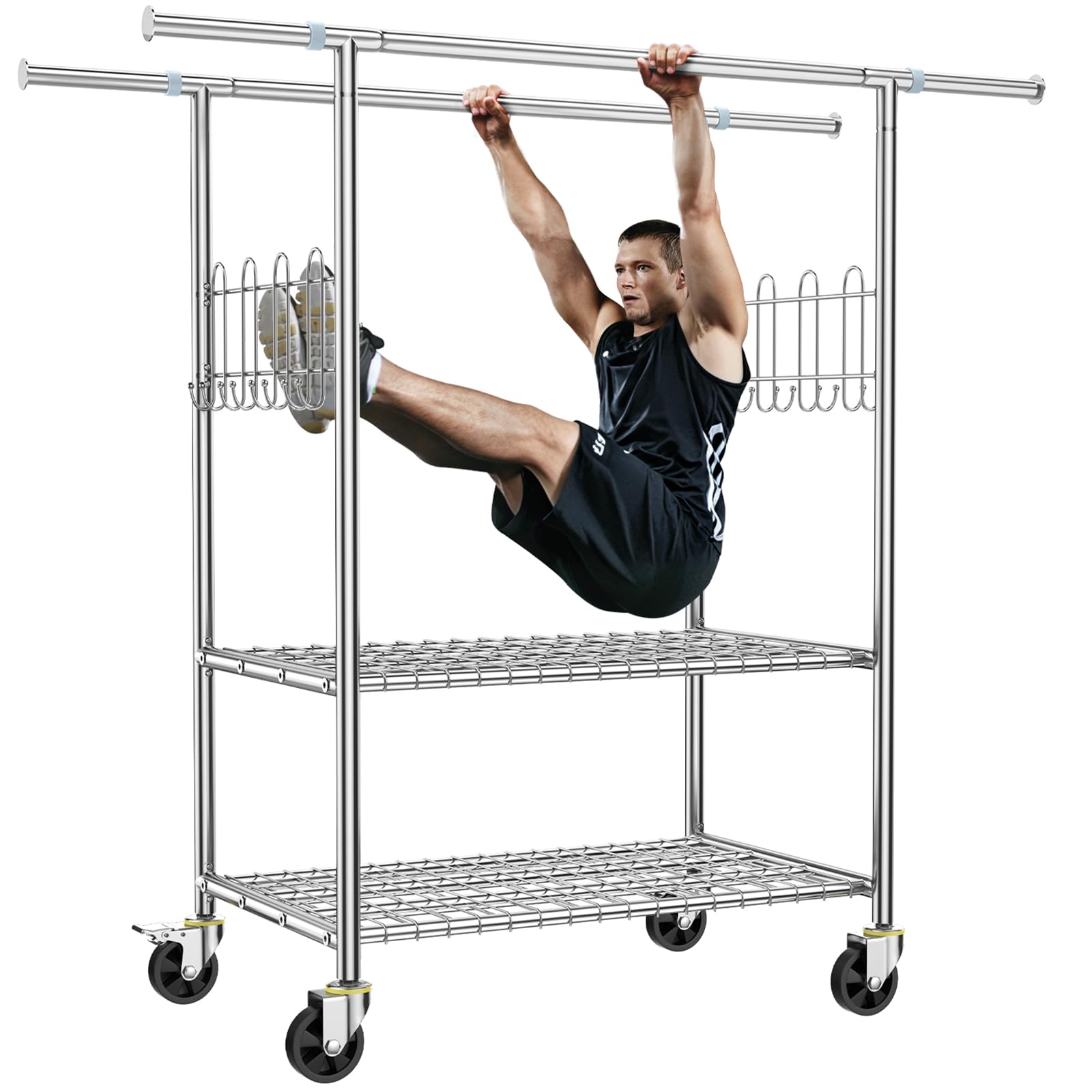 Heavy Duty Stainless Steel Garment Rack - 960LBS Capacity, Extendable Double Rod Rolling Clothes Rack with Shelves | Modern Style Wardrobe Organizer for Clothes, Shoes & Accessories | Perfect for Home, Retail Stores & Boutique Display