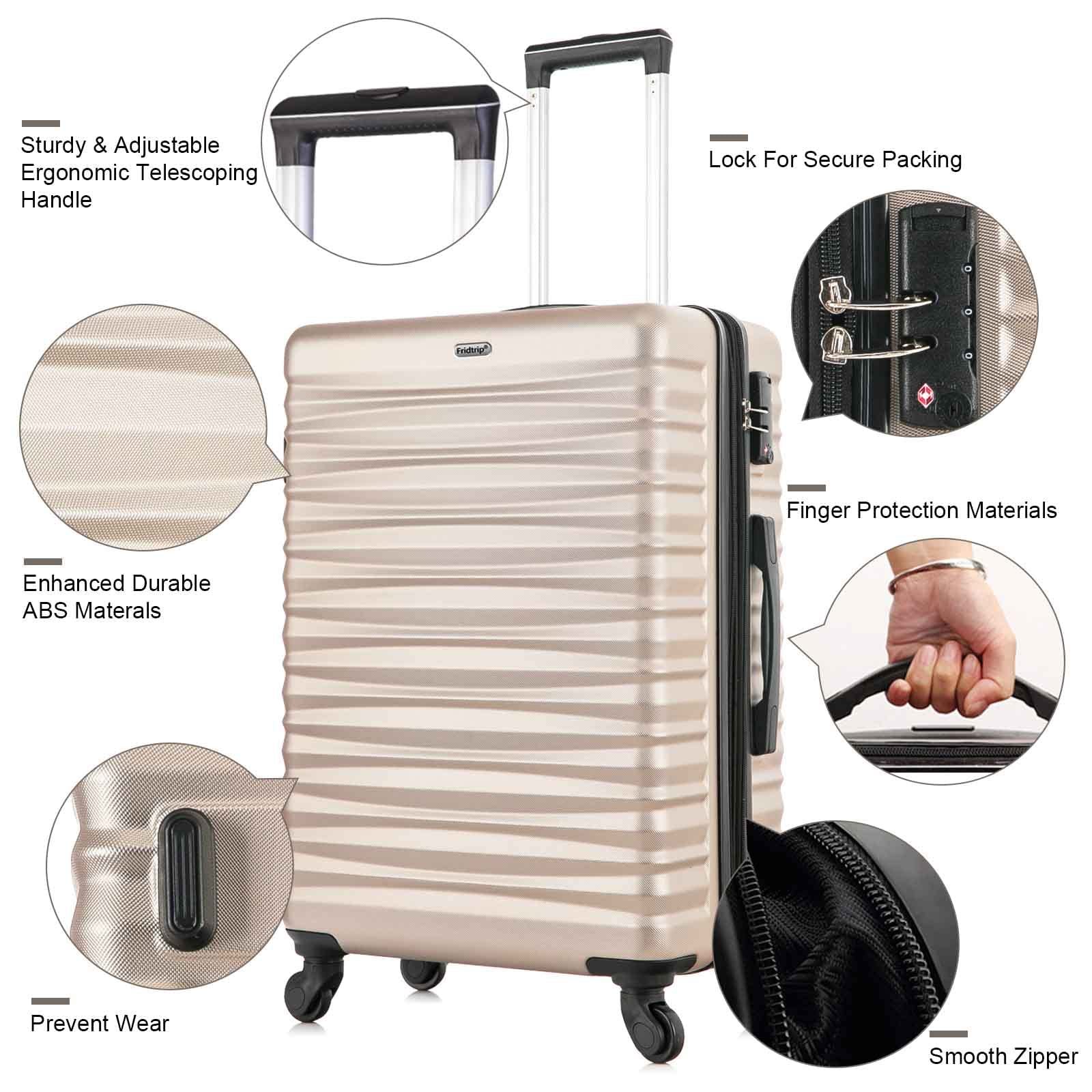 Apelila 4-Piece Hardshell ABS Luggage Set with TSA Lock & Spinner Wheels - Champagne Gold Travel Suitcases for Family Vacations & Business Trips