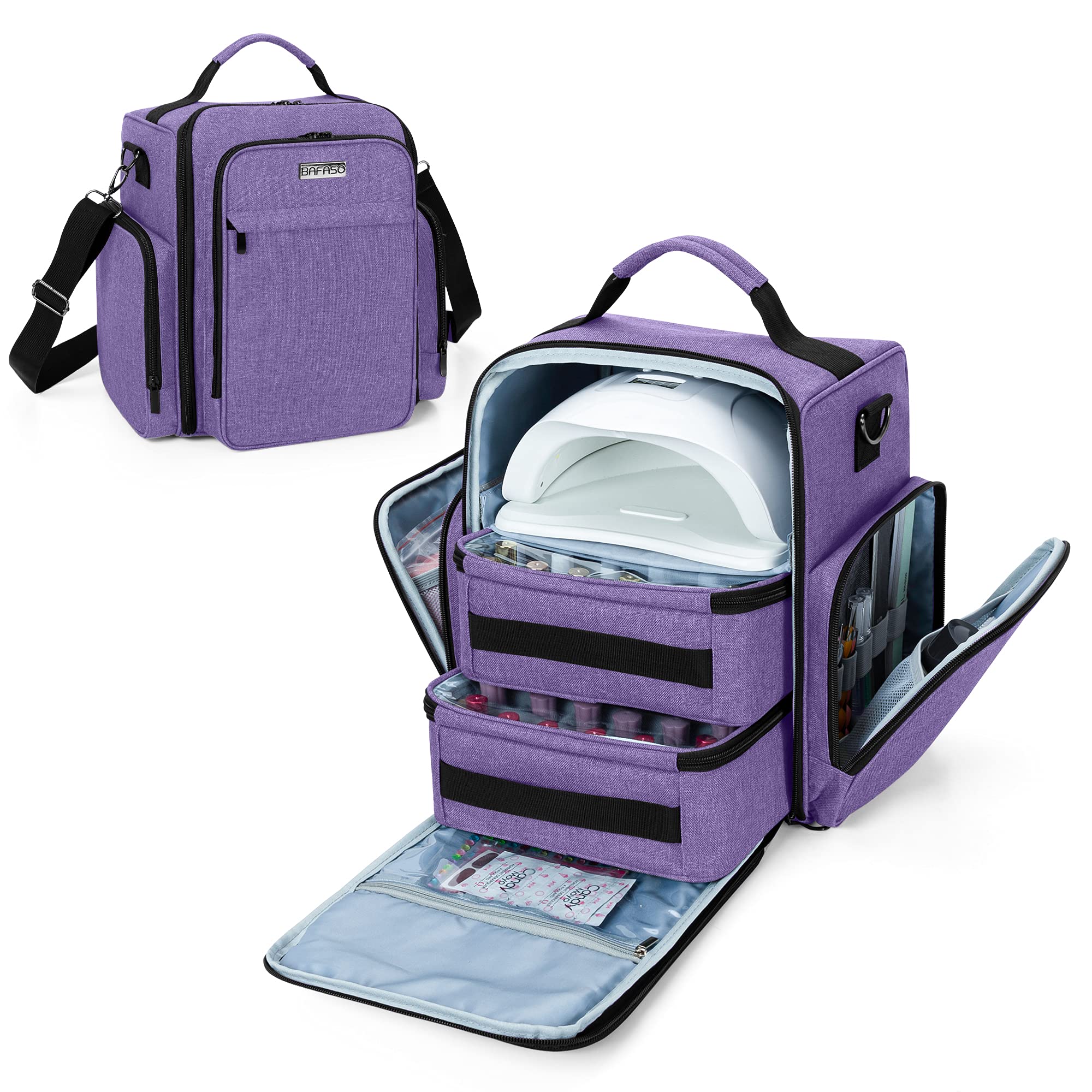 BAFASO 48 Bottle Nail Polish Organizer with Lamp & Pouches - Purple for Salon & Home Use