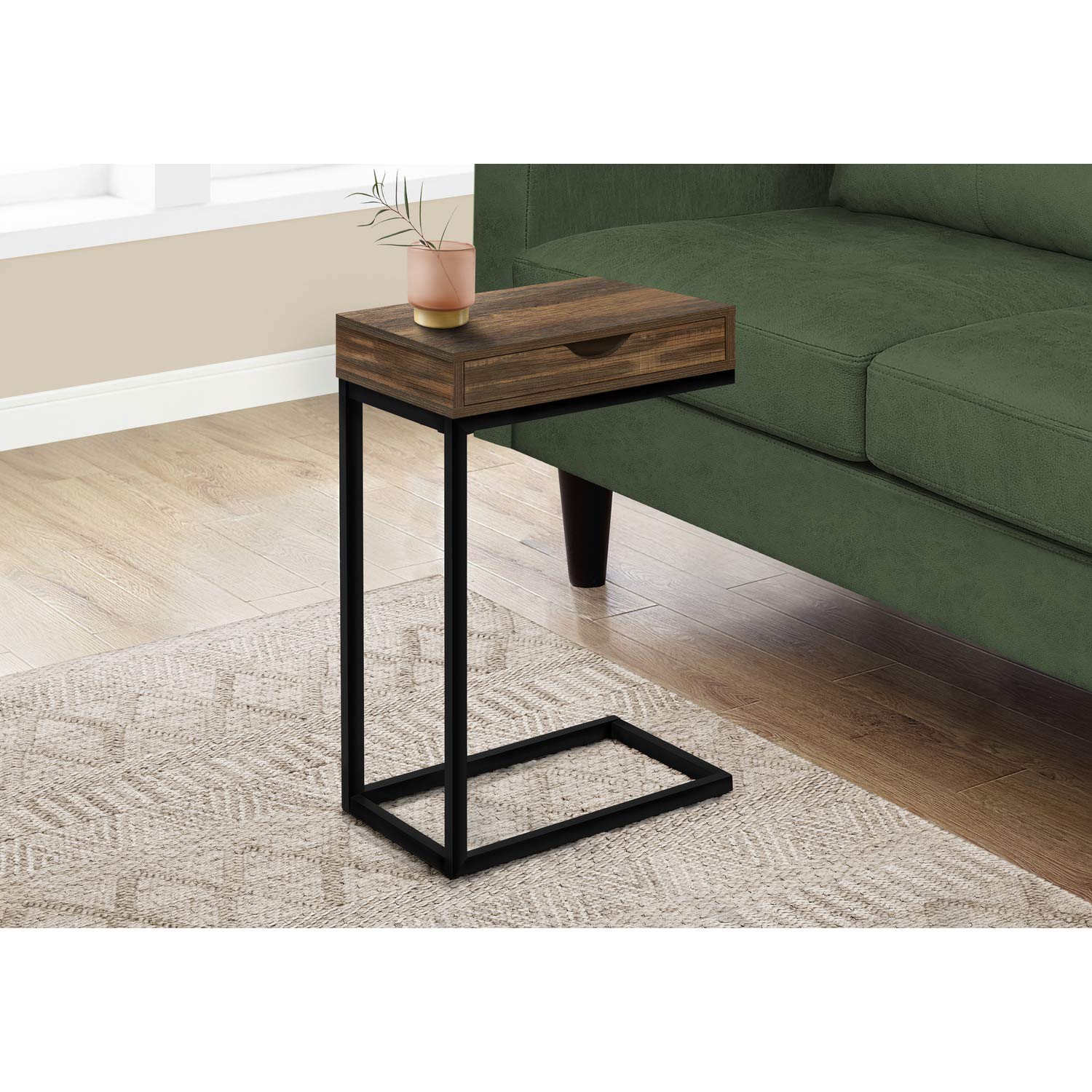 Monarch Specialties I 3602 C-Shaped Accent Table with Storage Drawer - Modern End Table/Side Table for Living Room & Bedroom - Brown & Black Metal Laminate Contemporary Design - Perfect for Snacks, Books & Home Decor Storage