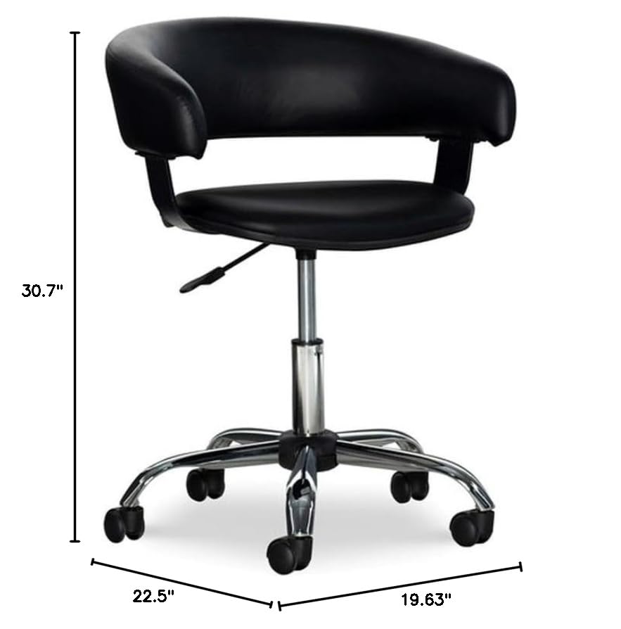 BOWERY HILL Black & Chrome Adjustable Height Gas Lift Office Chair - Faux Leather & Metal Swivel Rolling Desk Chair for Home, Office, Gaming & Study