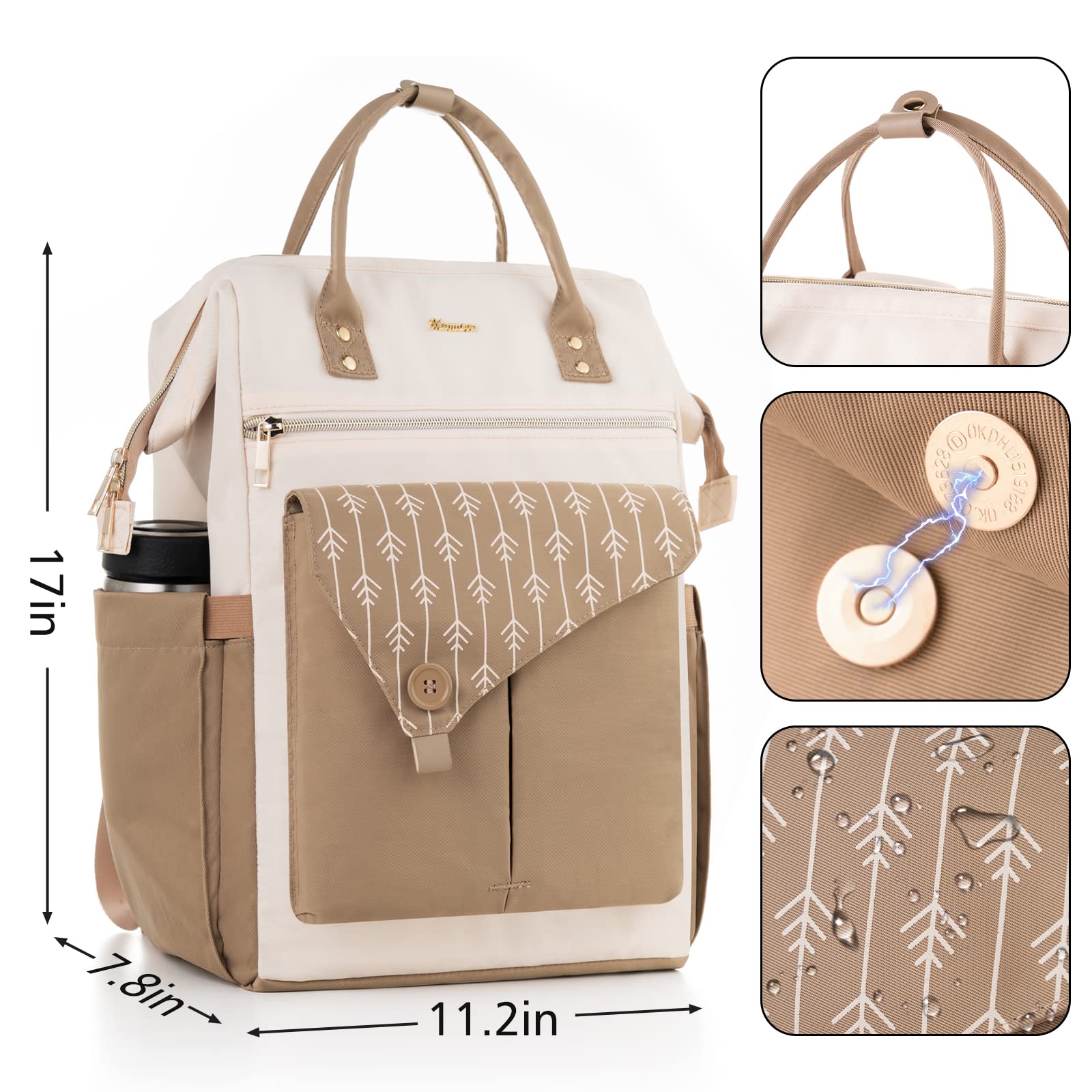 Stylish Water-Resistant Laptop Backpack for Women with USB Charging Port - Durable 17-Inch Laptop Bookbag for College Students, Teachers, Doctors & Nurses - Perfect for Work, School & Travel (Khaki Beige)